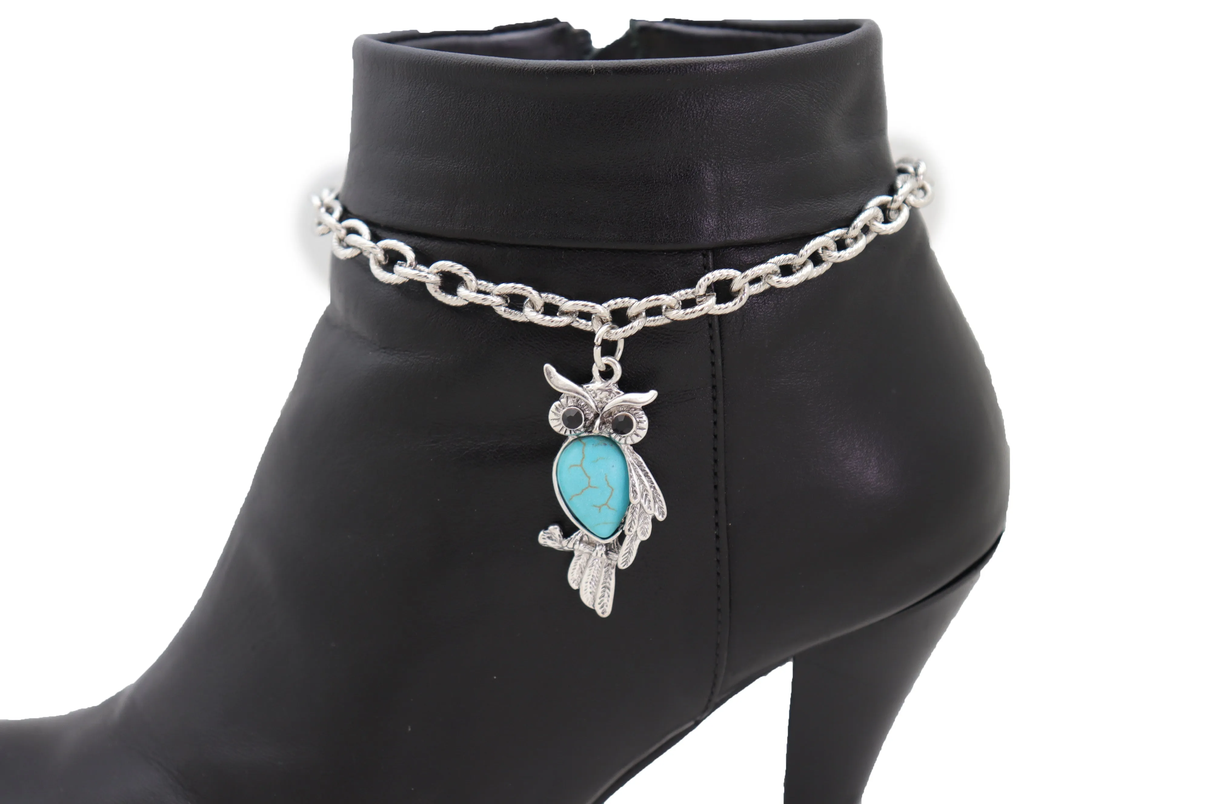 Turquoise Owl Charm Silver Metal Boot Chain