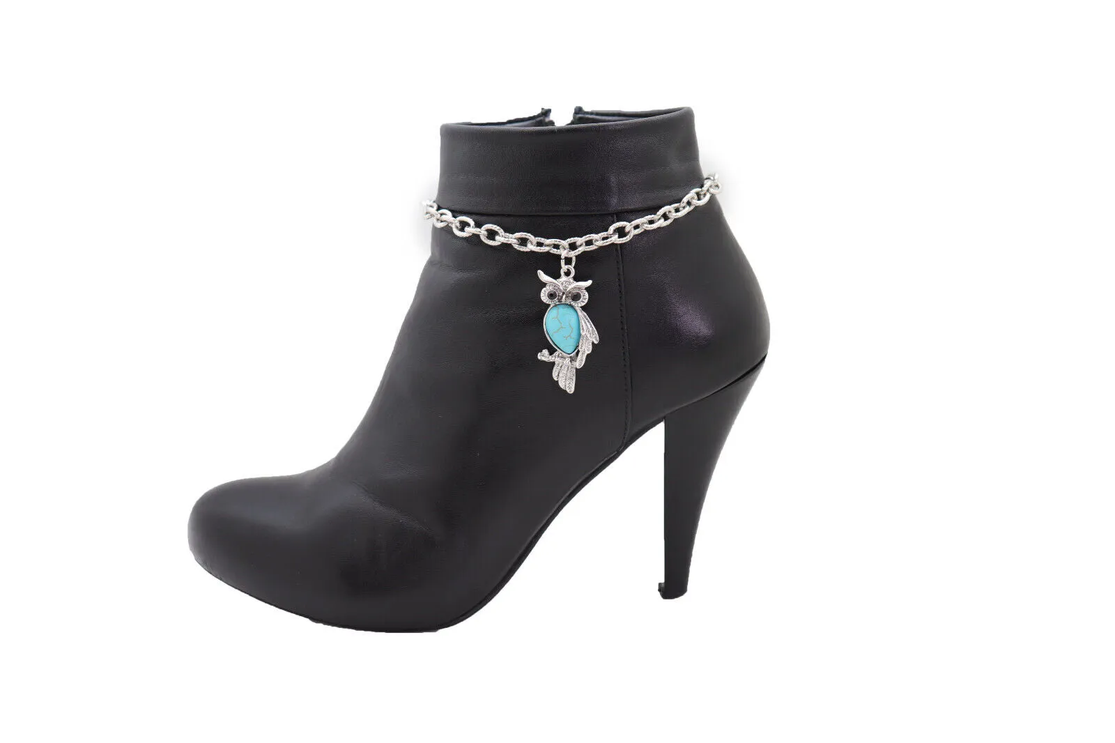 Turquoise Owl Charm Silver Metal Boot Chain