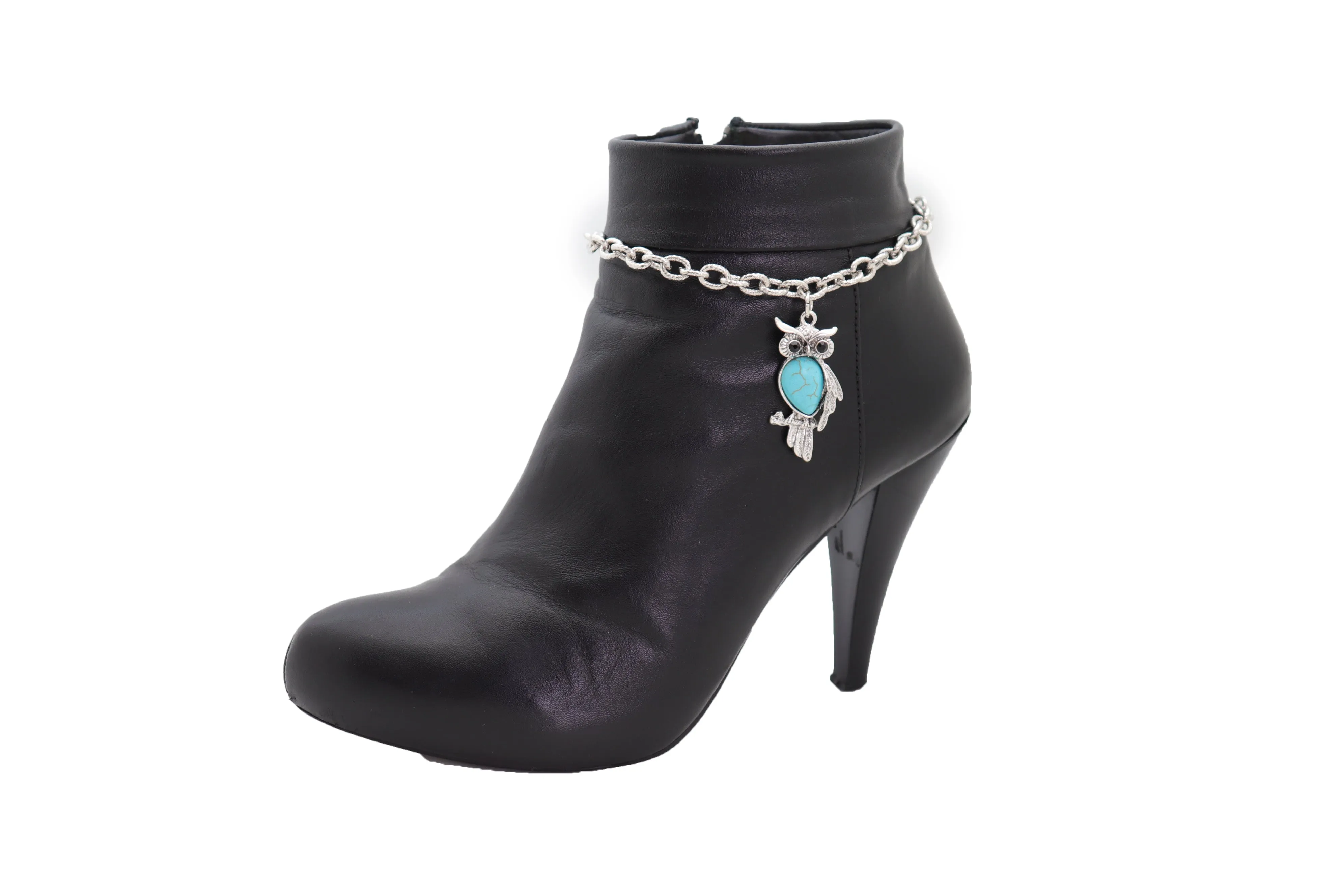 Turquoise Owl Charm Silver Metal Boot Chain