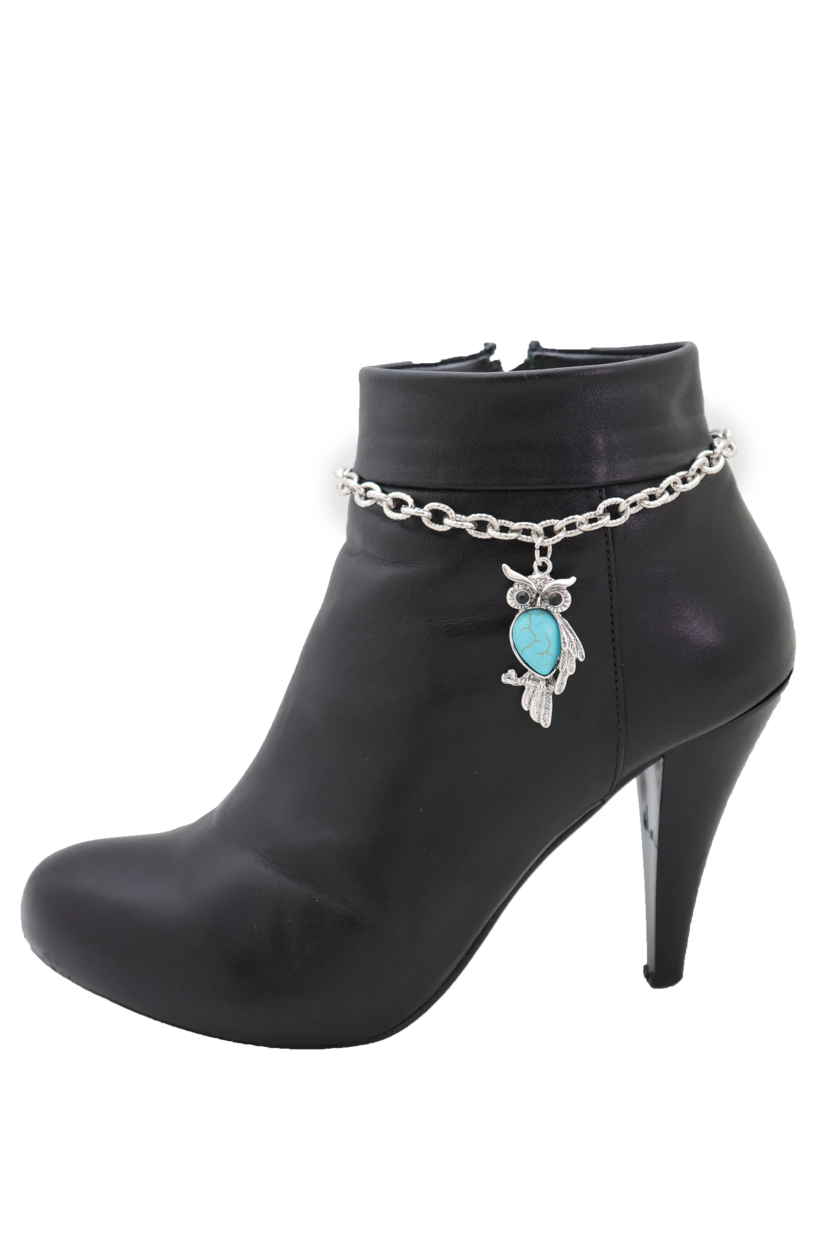 Turquoise Owl Charm Silver Metal Boot Chain
