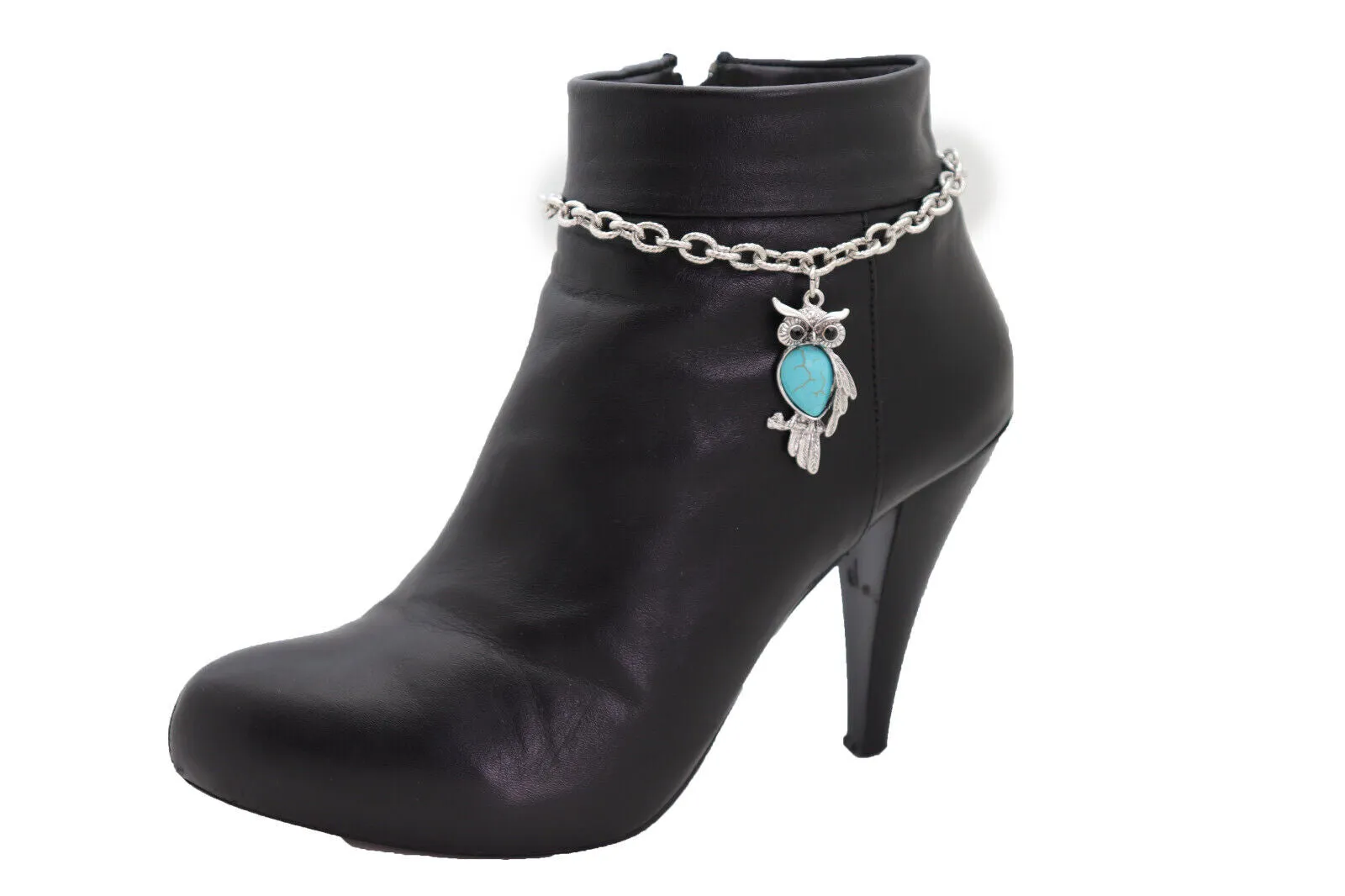 Turquoise Owl Charm Silver Metal Boot Chain