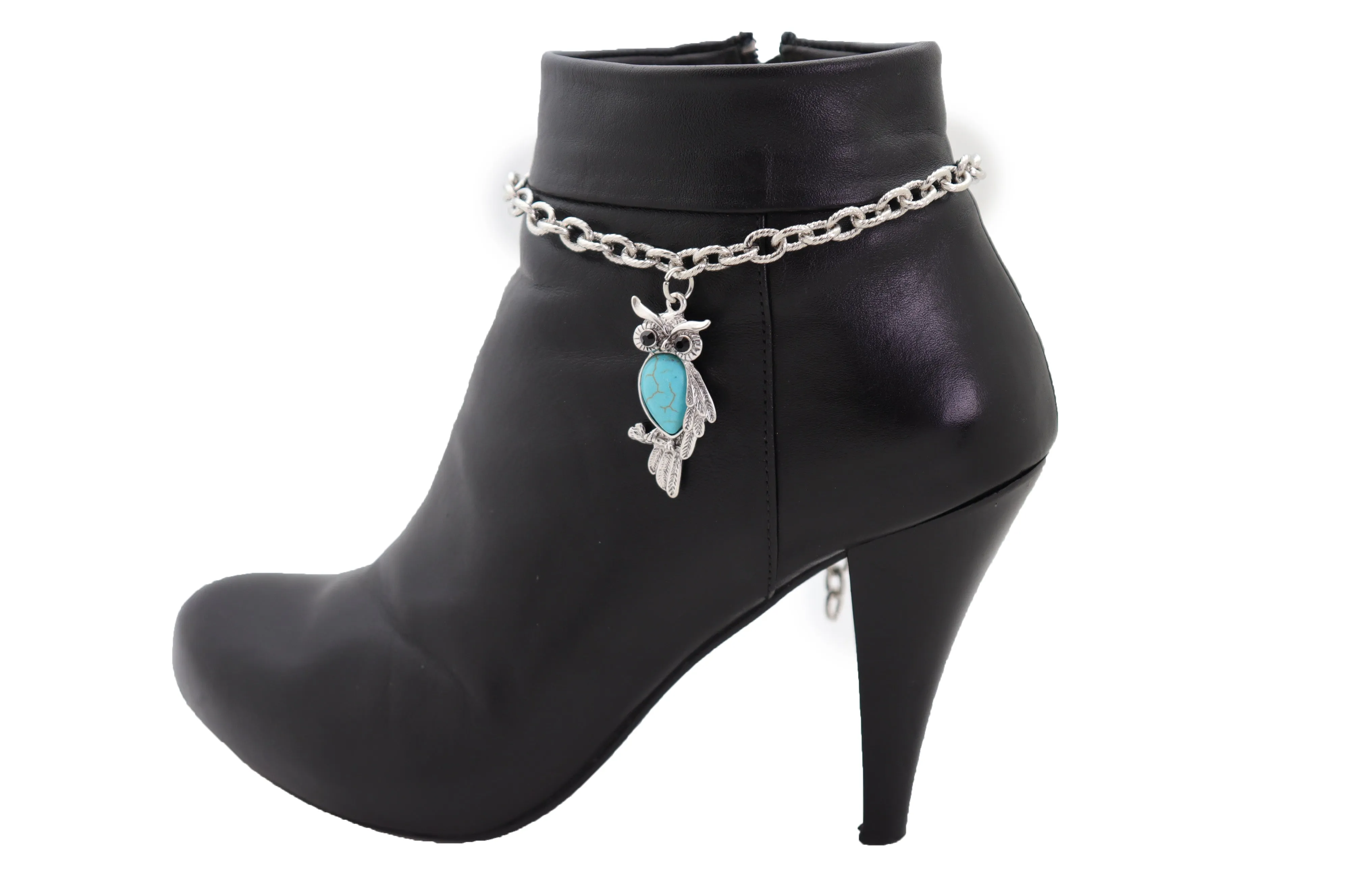 Turquoise Owl Charm Silver Metal Boot Chain