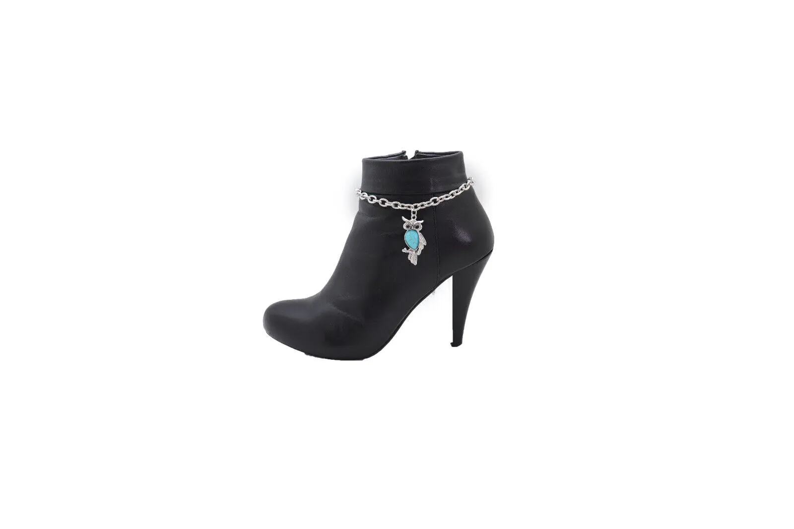 Turquoise Owl Charm Silver Metal Boot Chain