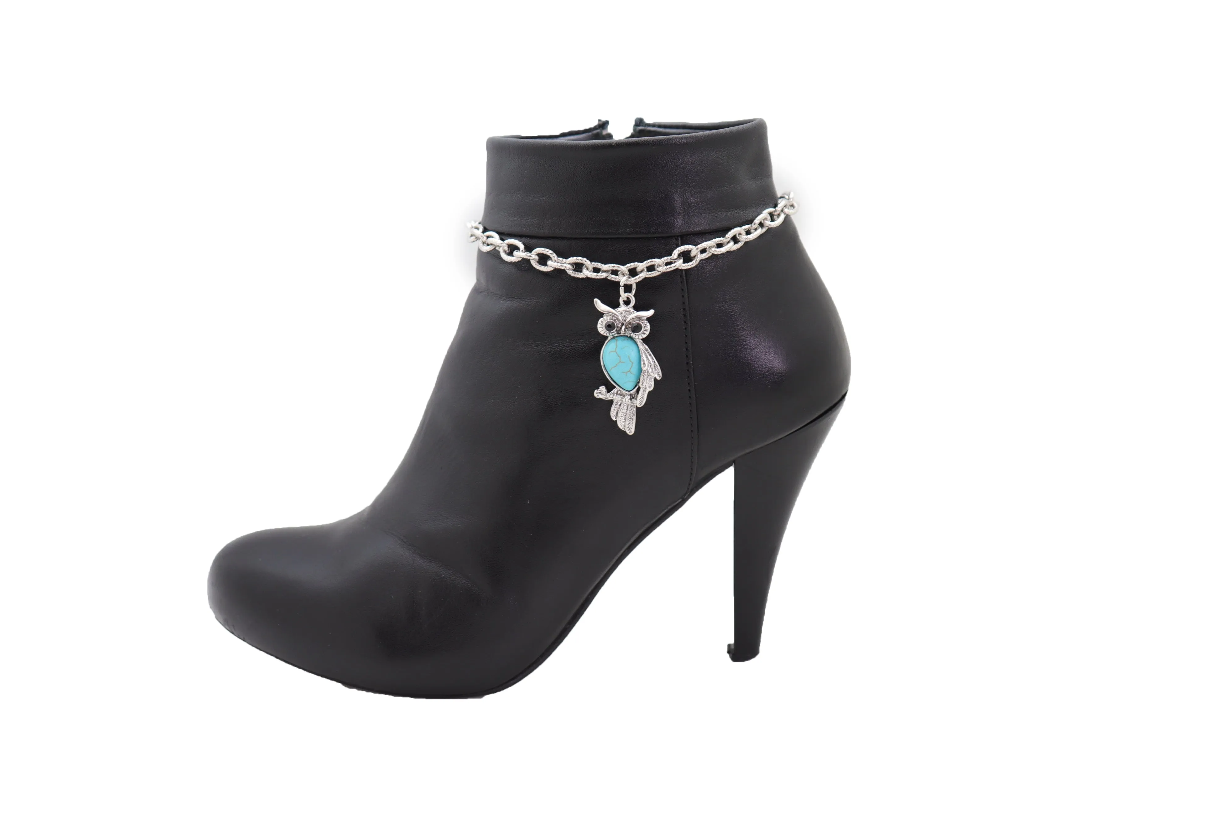 Turquoise Owl Charm Silver Metal Boot Chain