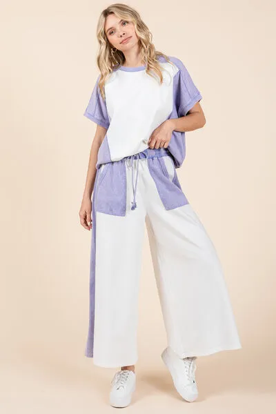 White/Blue Color Block Wide Leg  Pants
