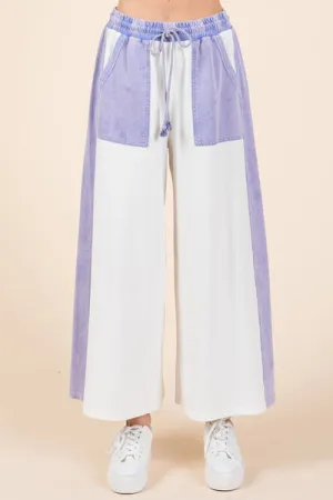 White/Blue Color Block Wide Leg  Pants