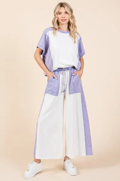 White/Blue Color Block Wide Leg  Pants