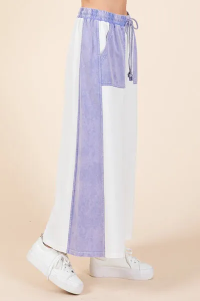 White/Blue Color Block Wide Leg  Pants