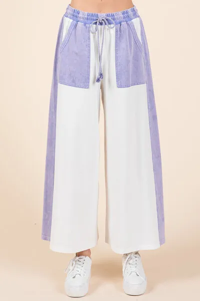 White/Blue Color Block Wide Leg  Pants