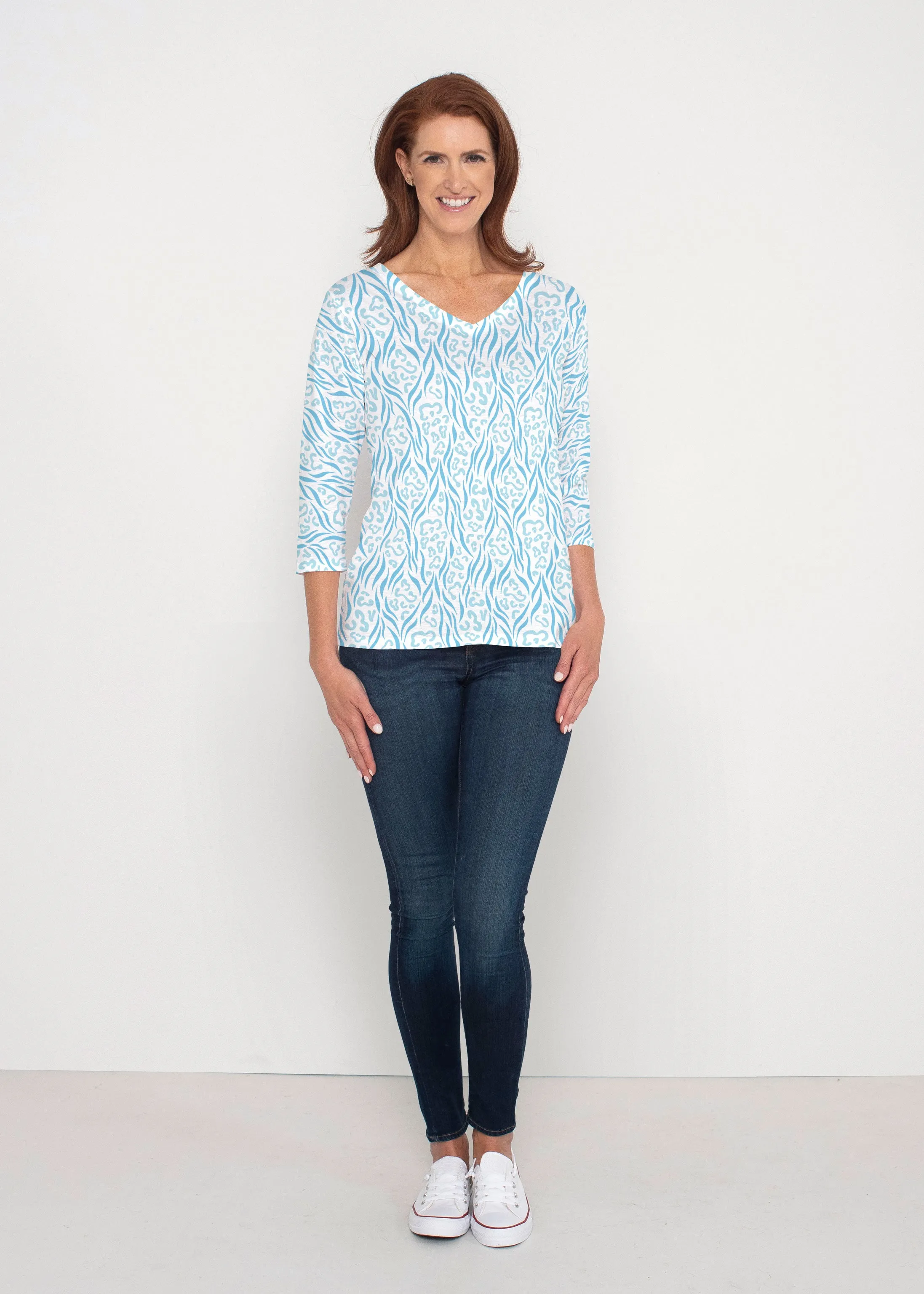 Wild Duo Aqua (7919) ~ Signature 3/4 Sleeve V-Neck Top