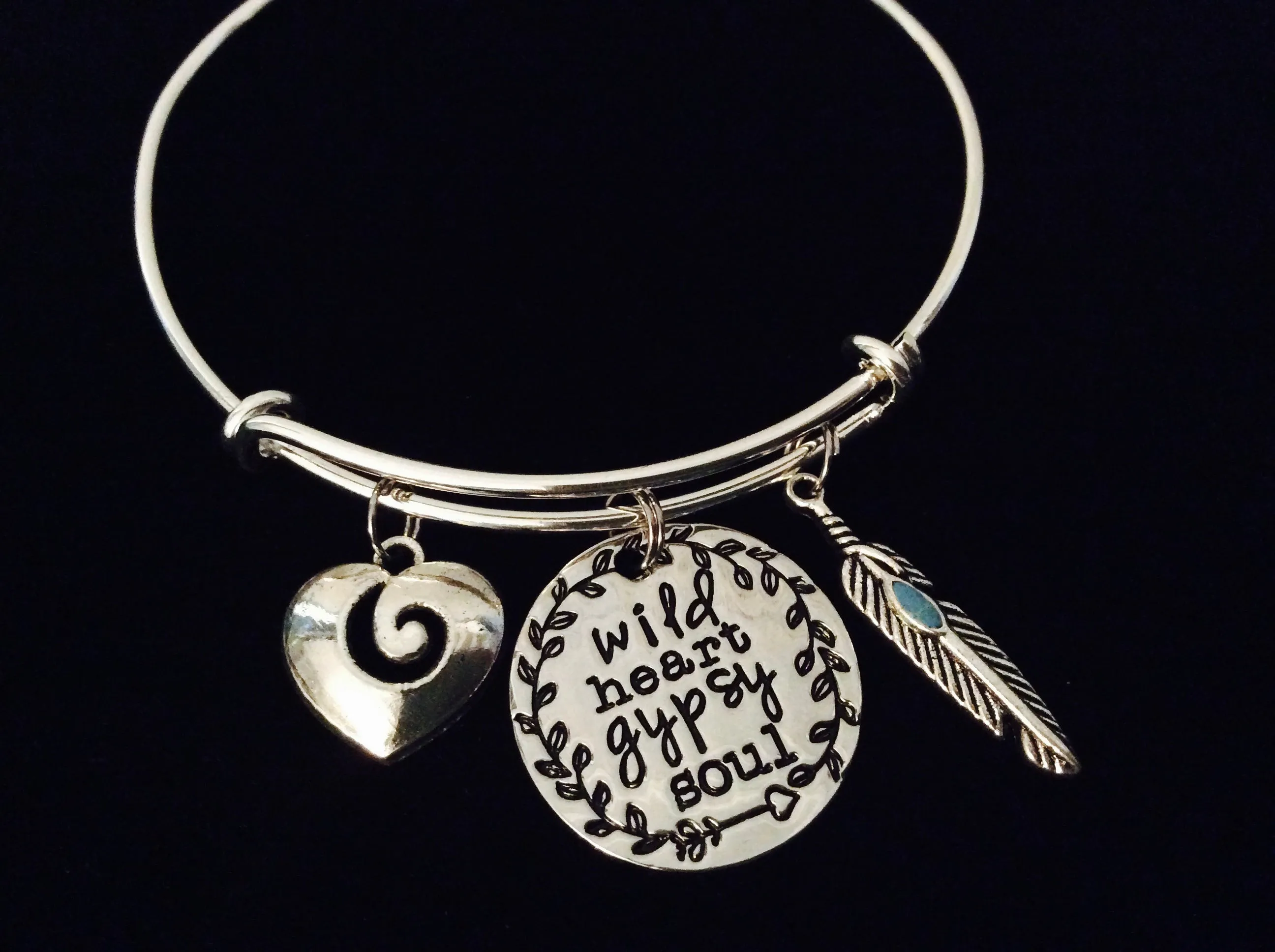 Wild Heart Gypsy Soul Adjustable Bracelet Expandable Silver Charm Bangle Gift Turquoise Feather Heart