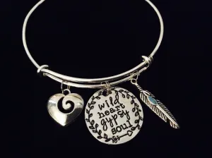 Wild Heart Gypsy Soul Adjustable Bracelet Expandable Silver Charm Bangle Gift Turquoise Feather Heart