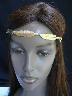 Women Big Gold Metal Leaf Head Chain Band Grecian Headband
