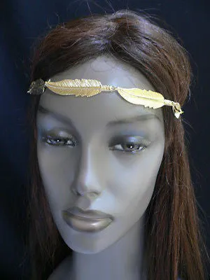 Women Big Gold Metal Leaf Head Chain Band Grecian Headband