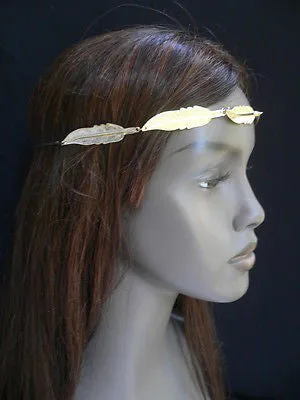 Women Big Gold Metal Leaf Head Chain Band Grecian Headband