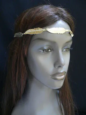Women Big Gold Metal Leaf Head Chain Band Grecian Headband