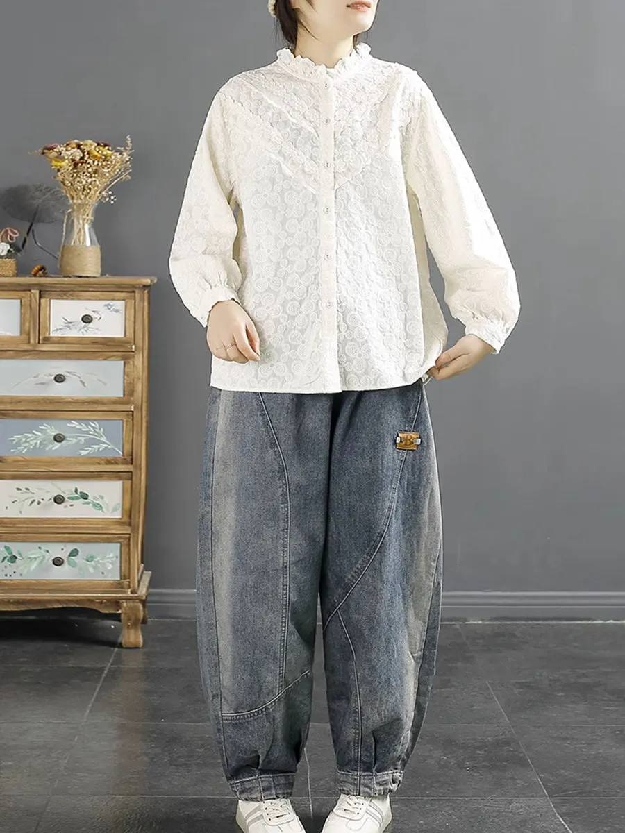 Women Casual Pure Color Denim Spliced Harem Pants