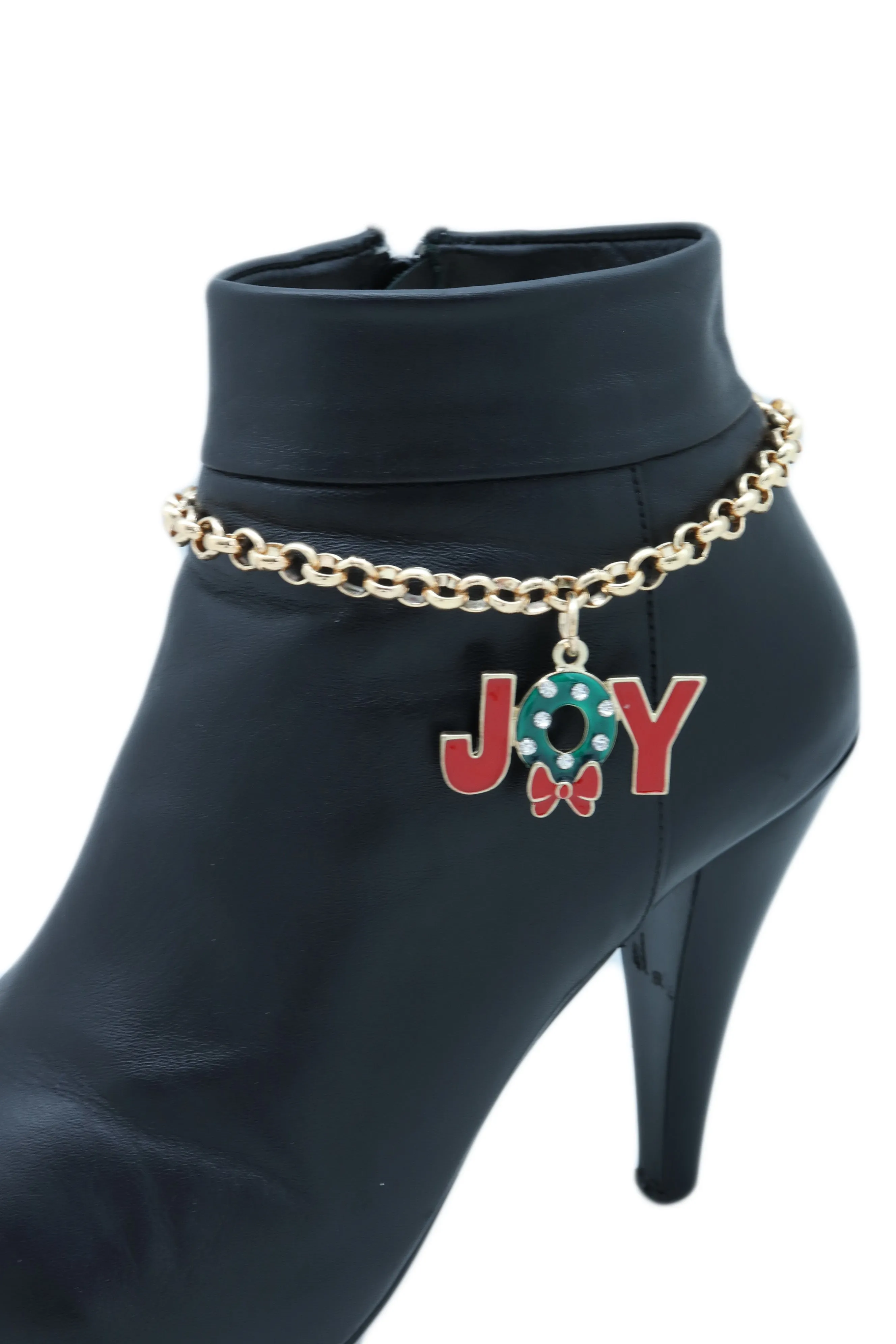 Women Gold Metal Chain Boot Bracelet Anklet Shoe Red JOY Charm Christmas Jewelry Adjustable One Size