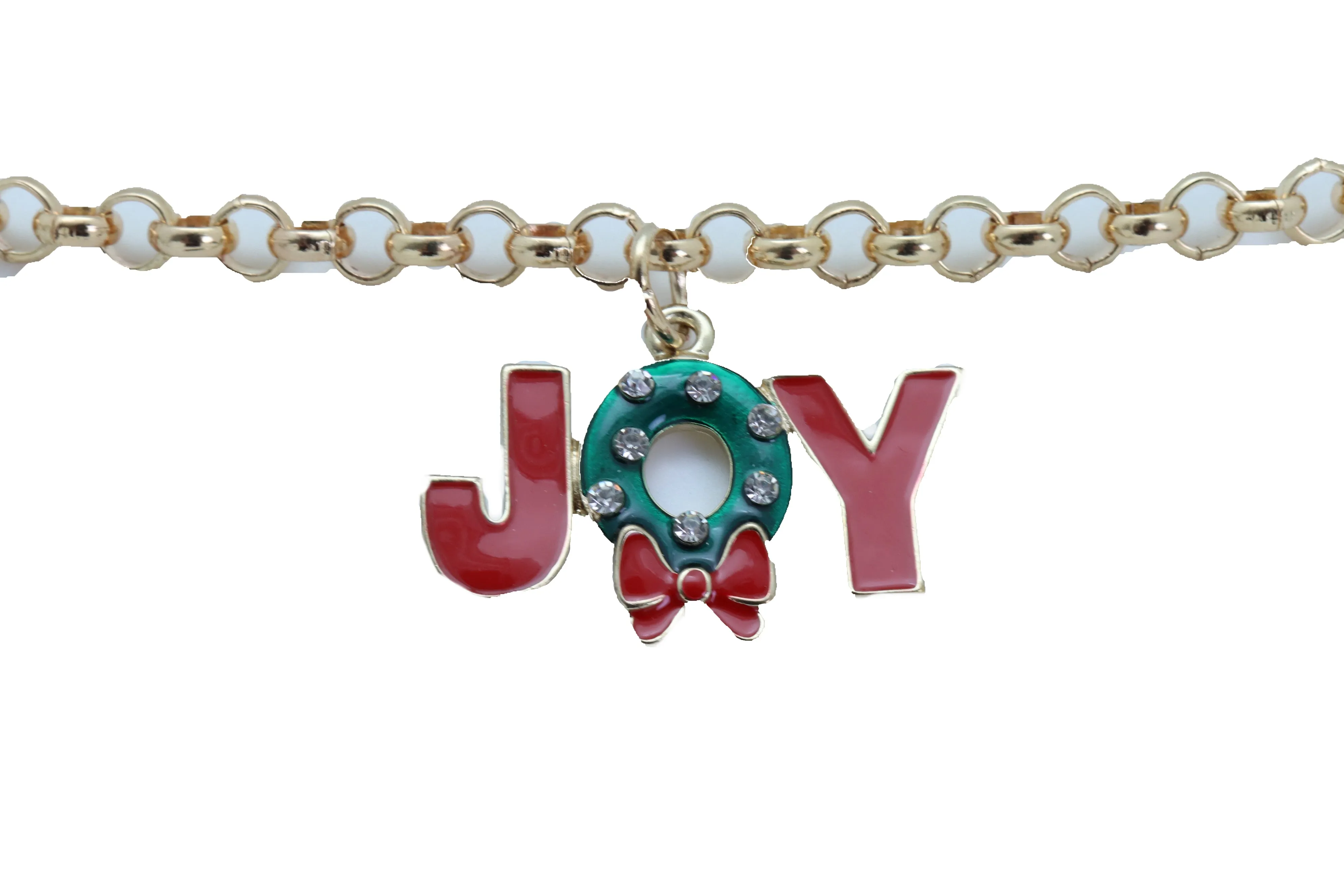 Women Gold Metal Chain Boot Bracelet Anklet Shoe Red JOY Charm Christmas Jewelry Adjustable One Size