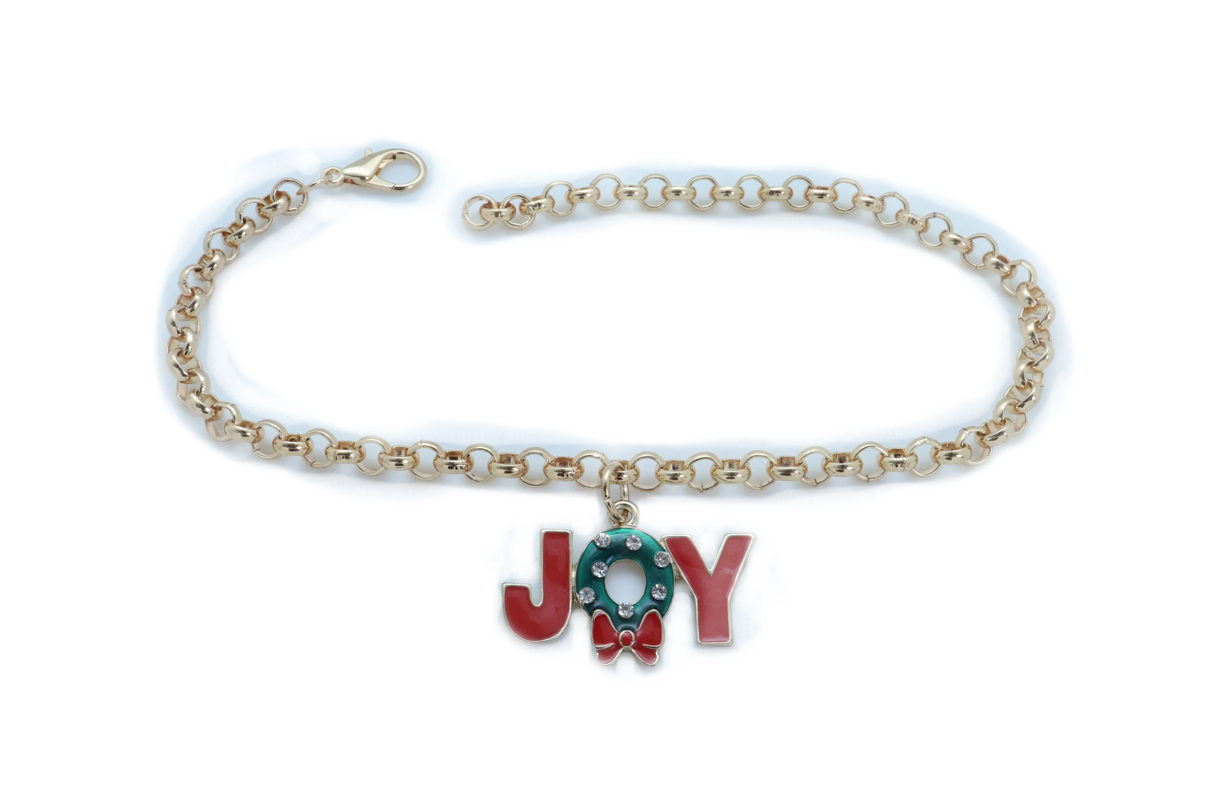 Women Gold Metal Chain Boot Bracelet Anklet Shoe Red JOY Charm Christmas Jewelry Adjustable One Size