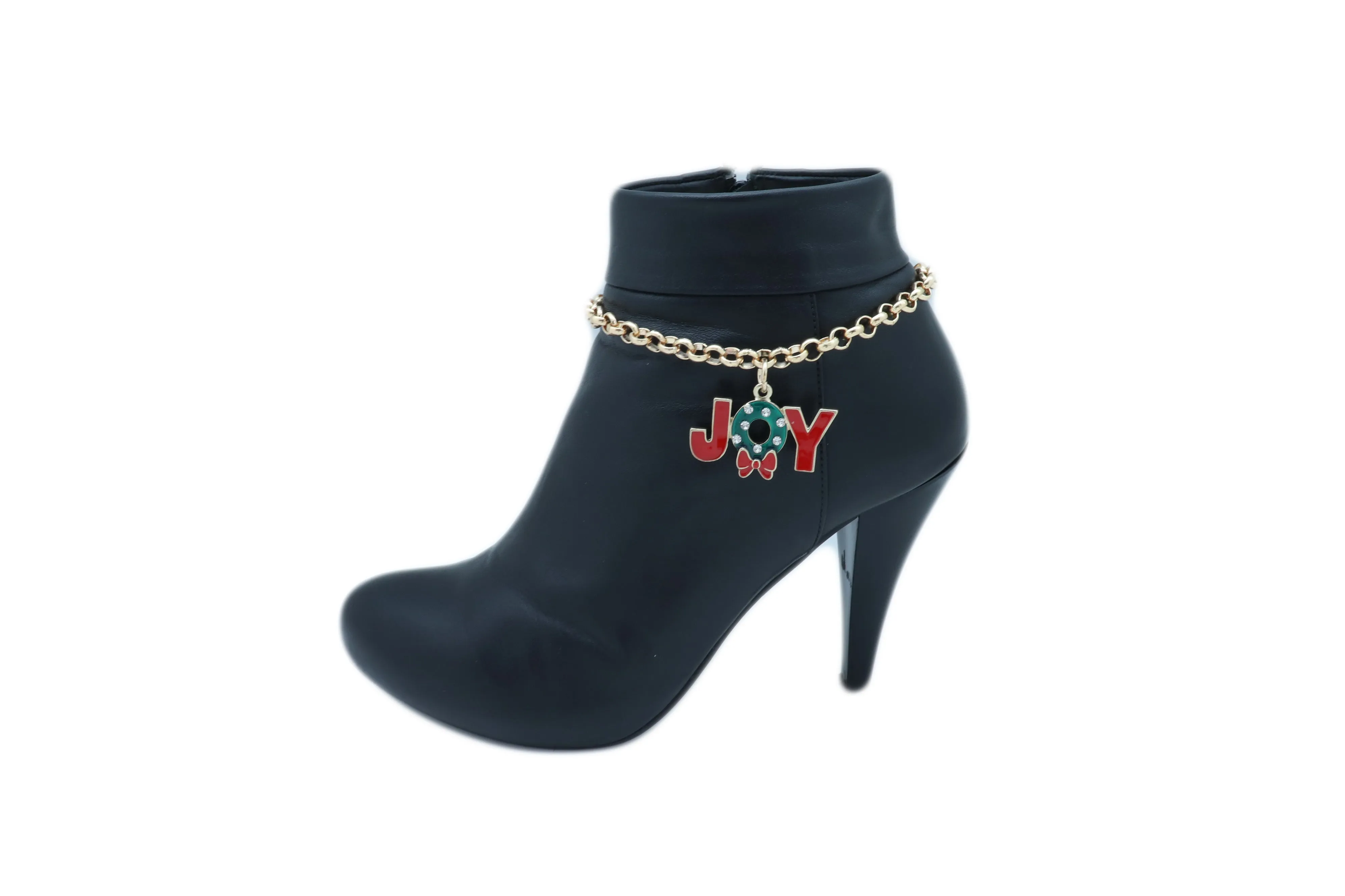 Women Gold Metal Chain Boot Bracelet Anklet Shoe Red JOY Charm Christmas Jewelry Adjustable One Size