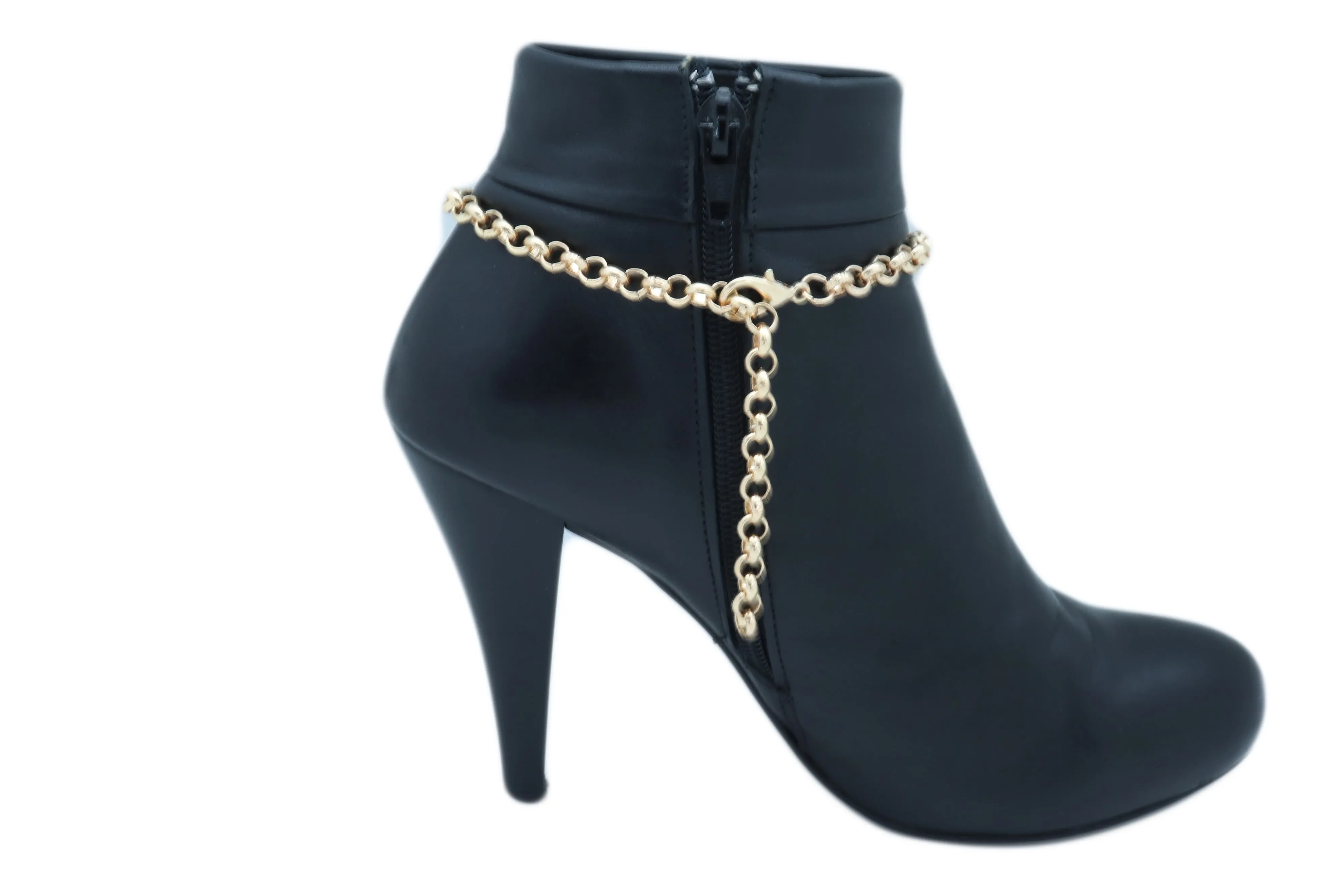 Women Gold Metal Chain Boot Bracelet Anklet Shoe Red JOY Charm Christmas Jewelry Adjustable One Size