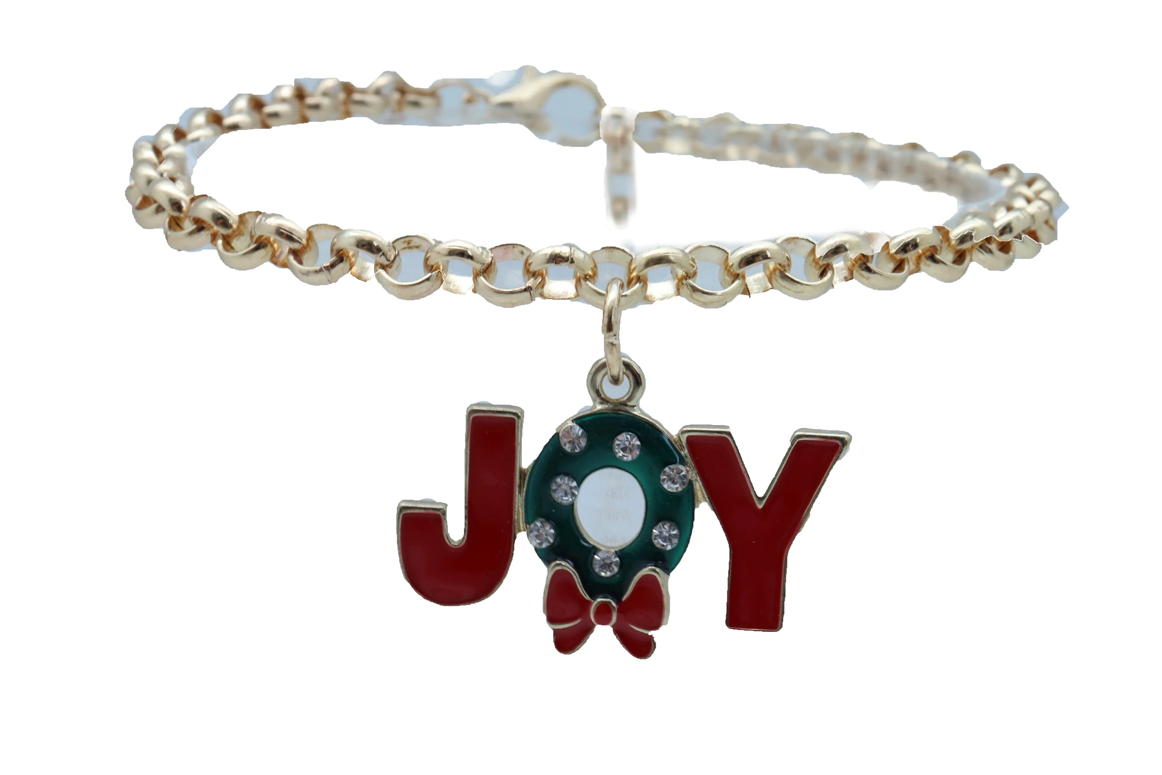 Women Gold Metal Chain Boot Bracelet Anklet Shoe Red JOY Charm Christmas Jewelry Adjustable One Size