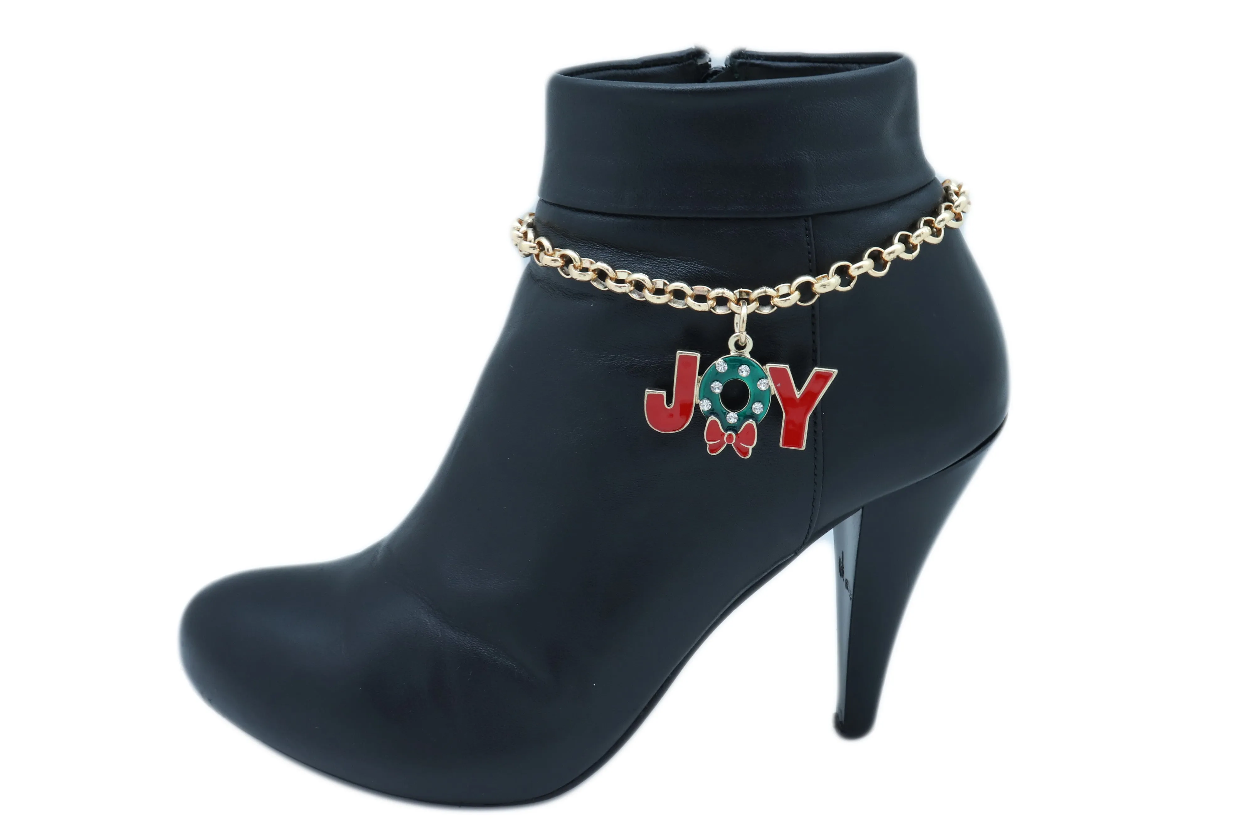 Women Gold Metal Chain Boot Bracelet Anklet Shoe Red JOY Charm Christmas Jewelry Adjustable One Size
