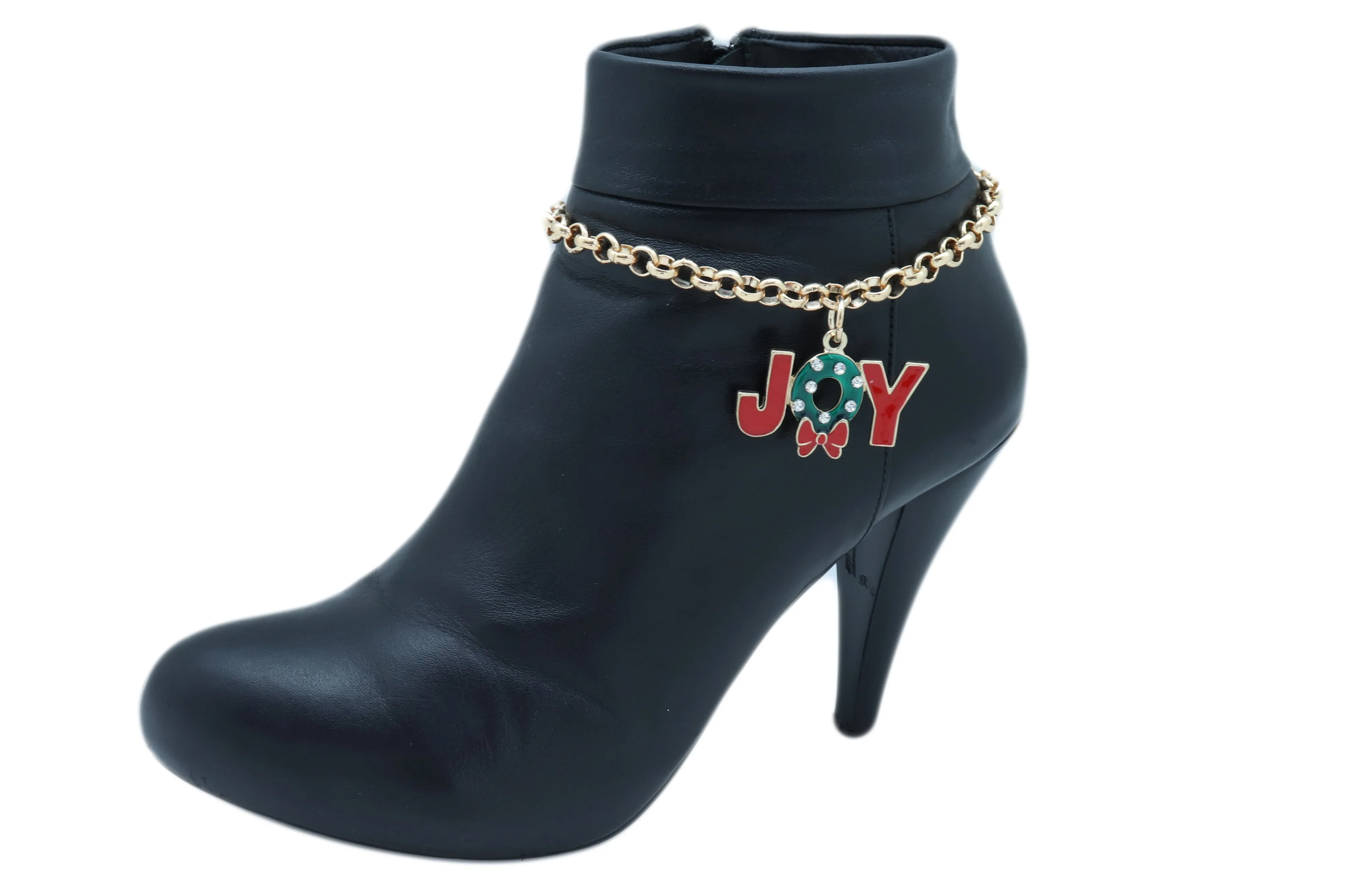 Women Gold Metal Chain Boot Bracelet Anklet Shoe Red JOY Charm Christmas Jewelry Adjustable One Size