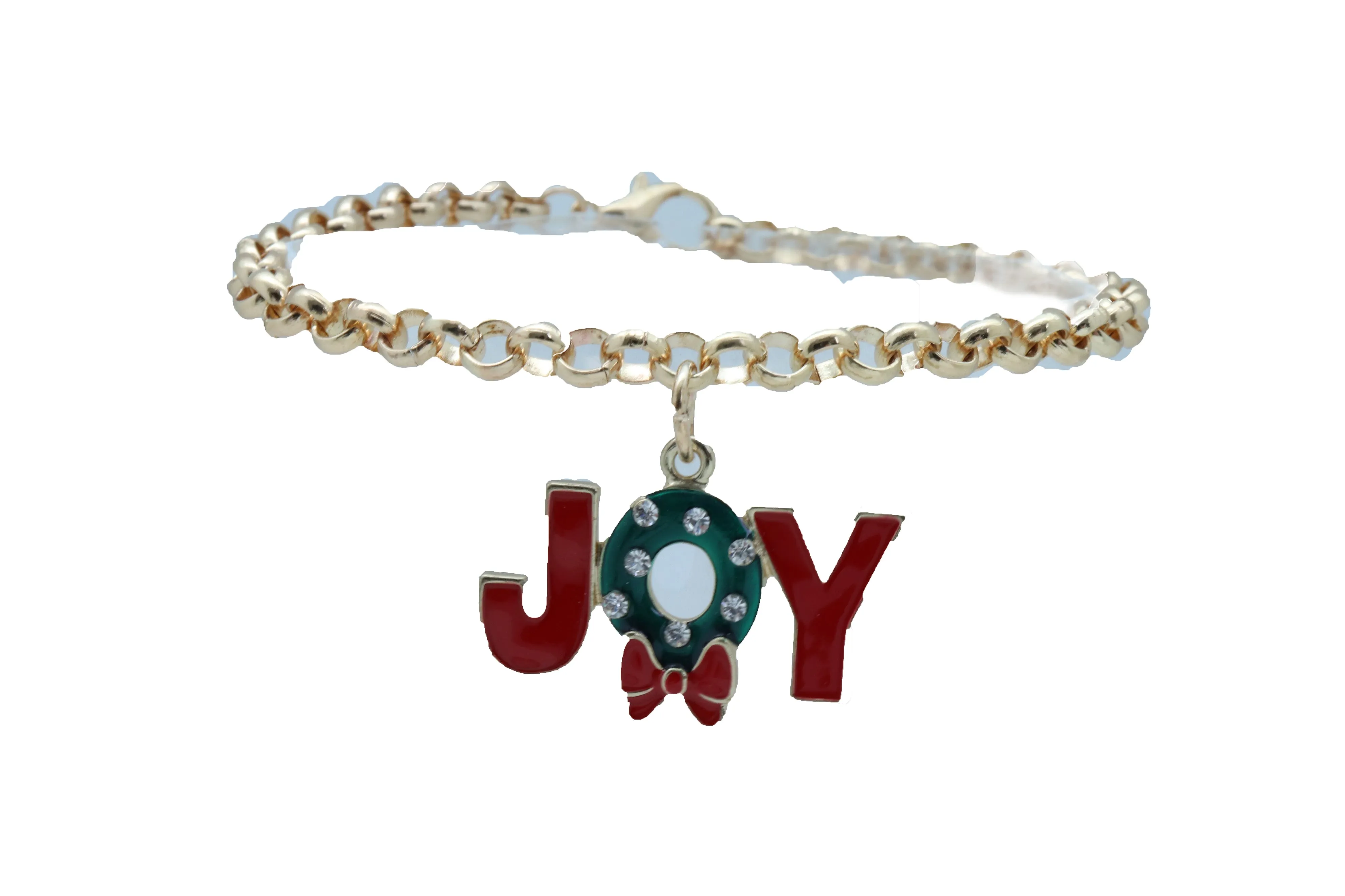 Women Gold Metal Chain Boot Bracelet Anklet Shoe Red JOY Charm Christmas Jewelry Adjustable One Size