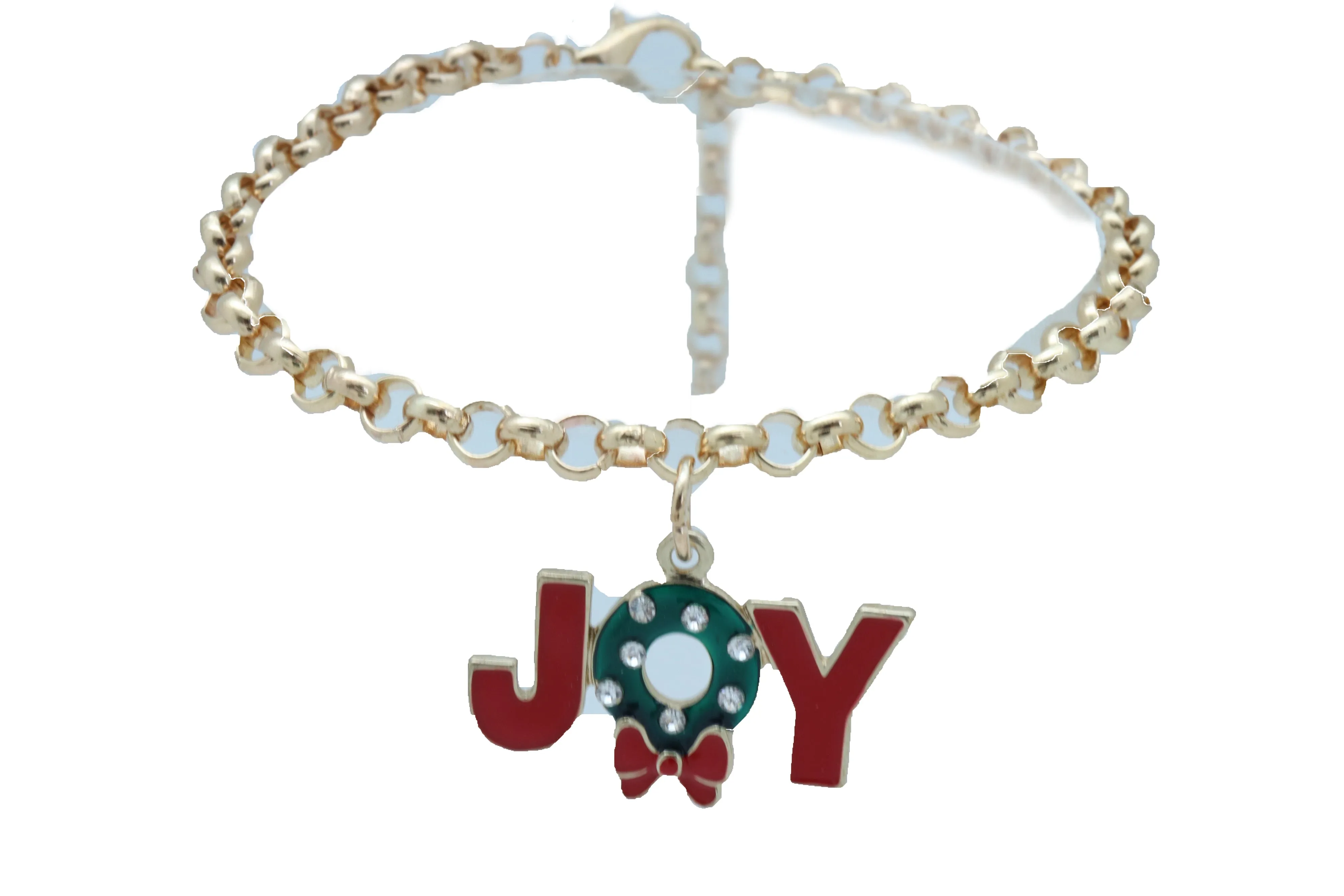Women Gold Metal Chain Boot Bracelet Anklet Shoe Red JOY Charm Christmas Jewelry Adjustable One Size