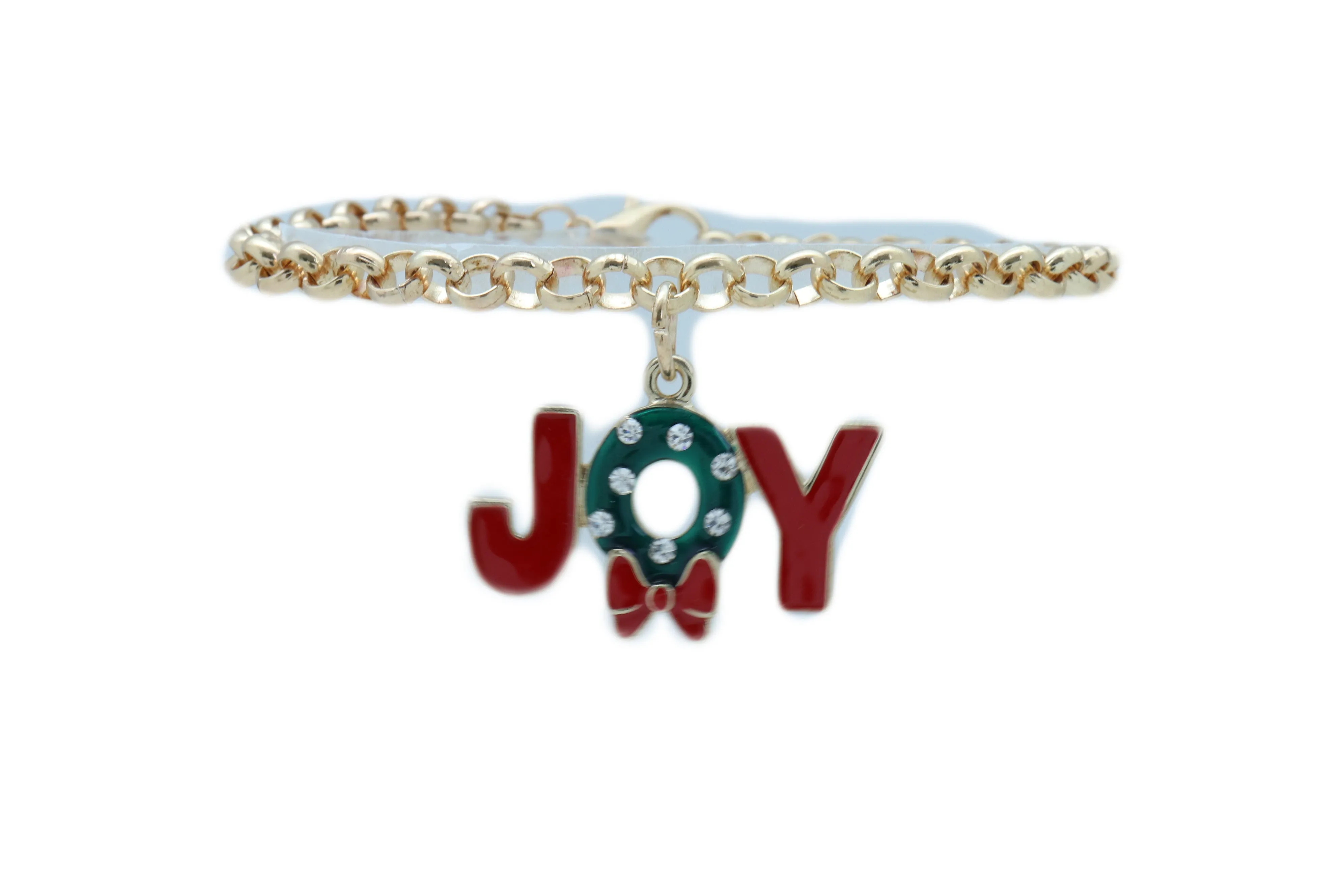 Women Gold Metal Chain Boot Bracelet Anklet Shoe Red JOY Charm Christmas Jewelry Adjustable One Size