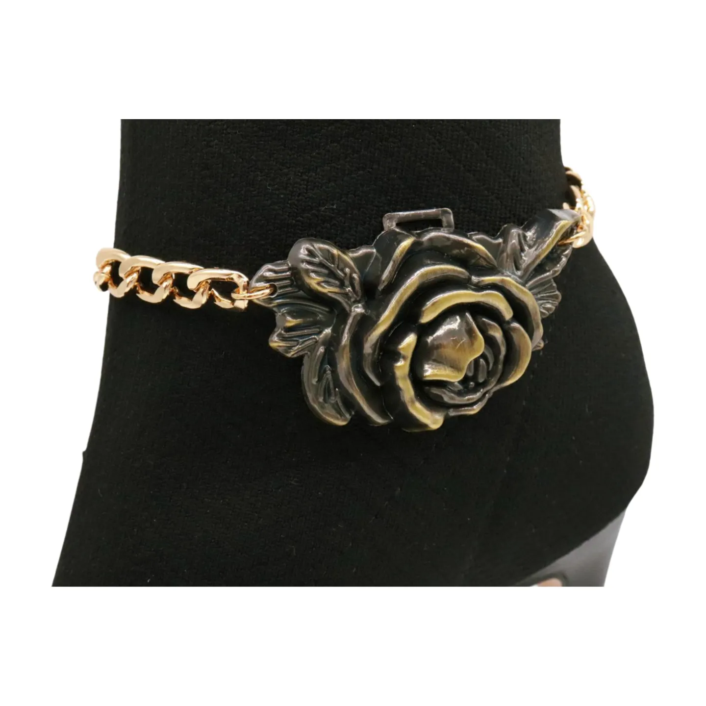 Women Gold Metal Chain Boot Bracelet Shoe Rose Flower Charm