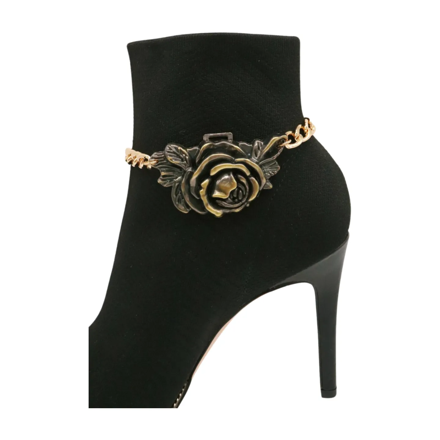 Women Gold Metal Chain Boot Bracelet Shoe Rose Flower Charm