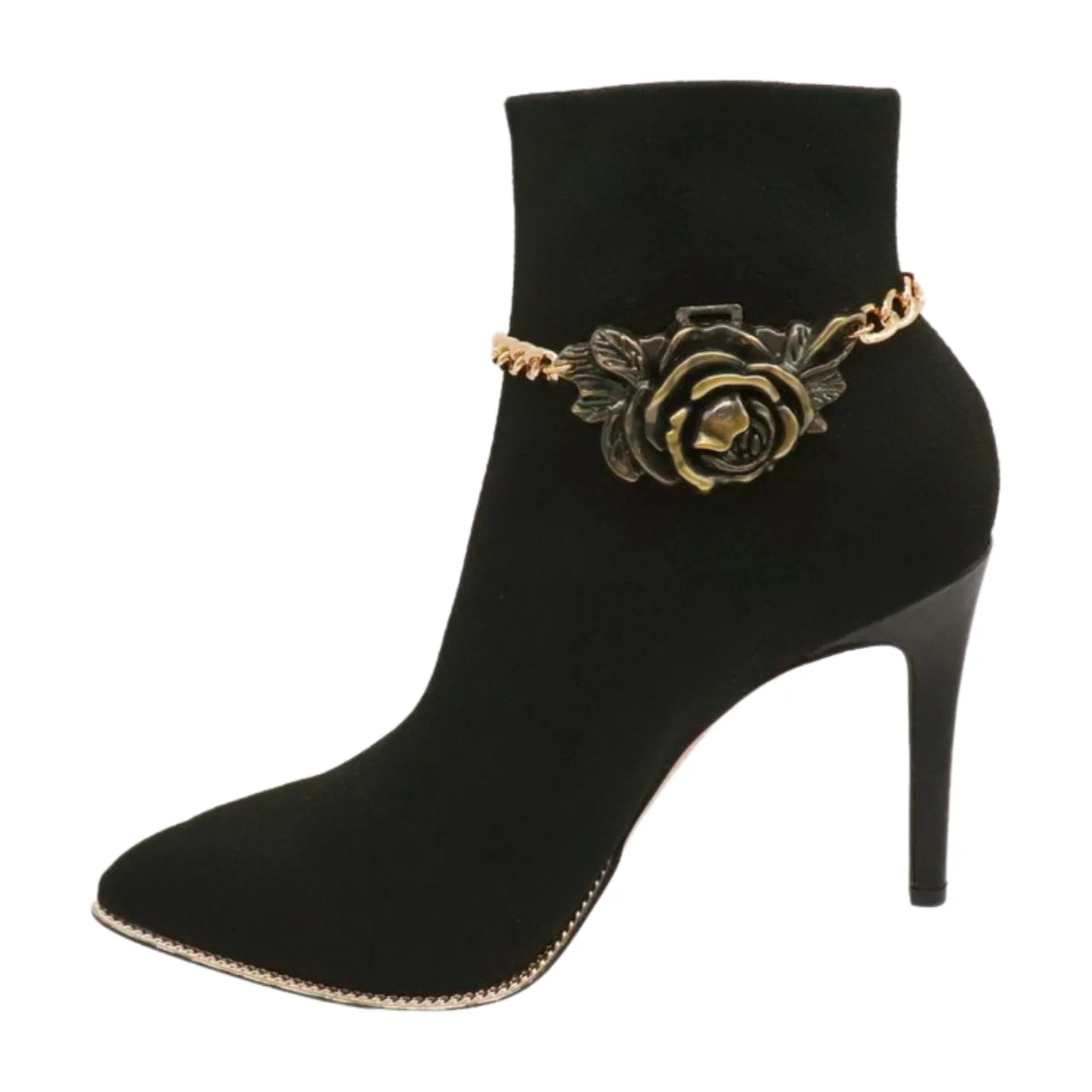 Women Gold Metal Chain Boot Bracelet Shoe Rose Flower Charm