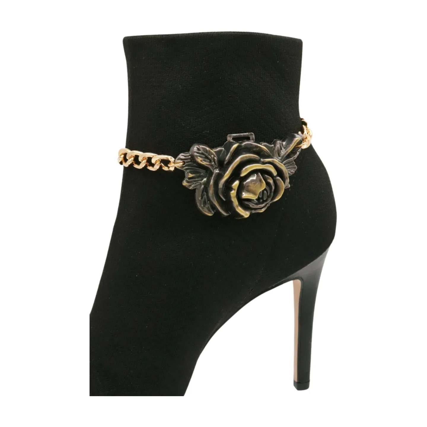 Women Gold Metal Chain Boot Bracelet Shoe Rose Flower Charm