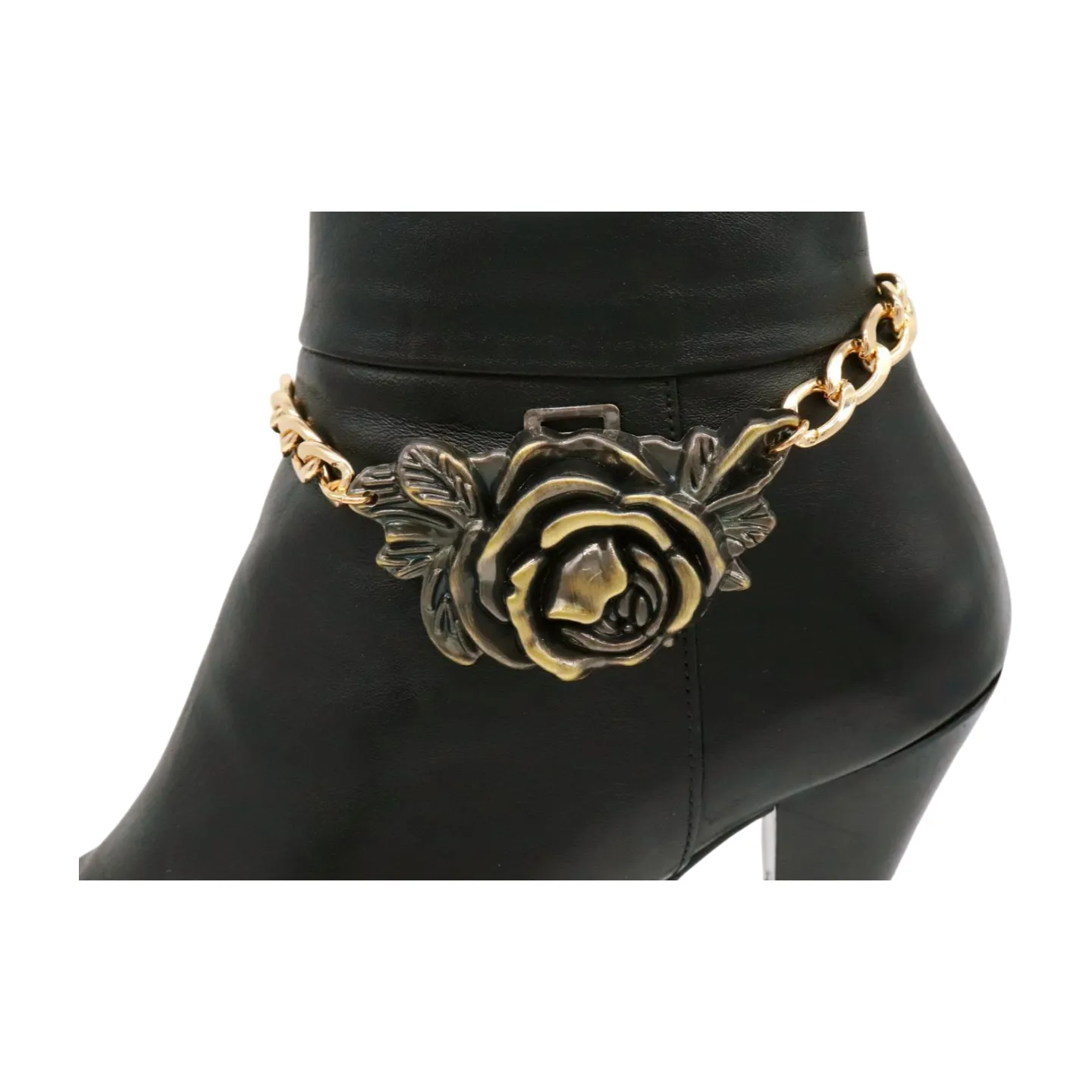 Women Gold Metal Chain Boot Bracelet Shoe Rose Flower Charm