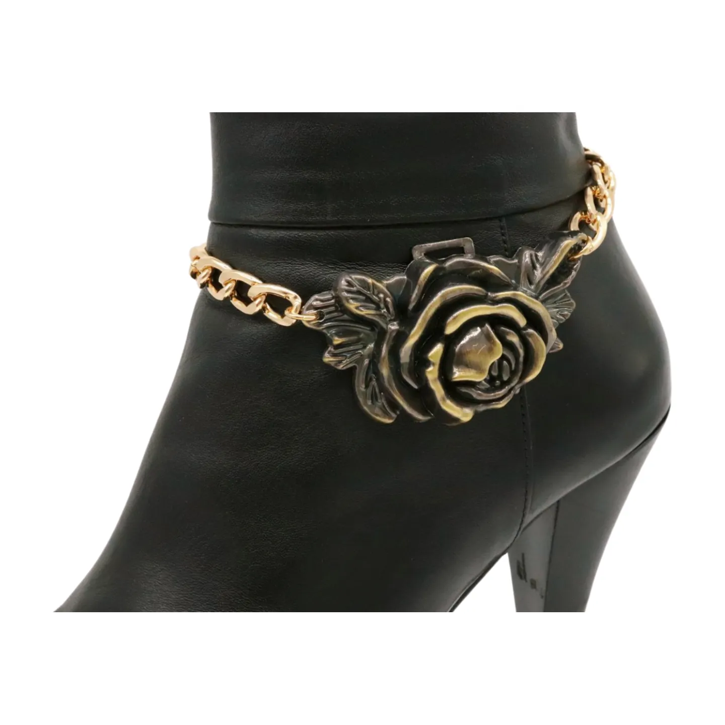 Women Gold Metal Chain Boot Bracelet Shoe Rose Flower Charm