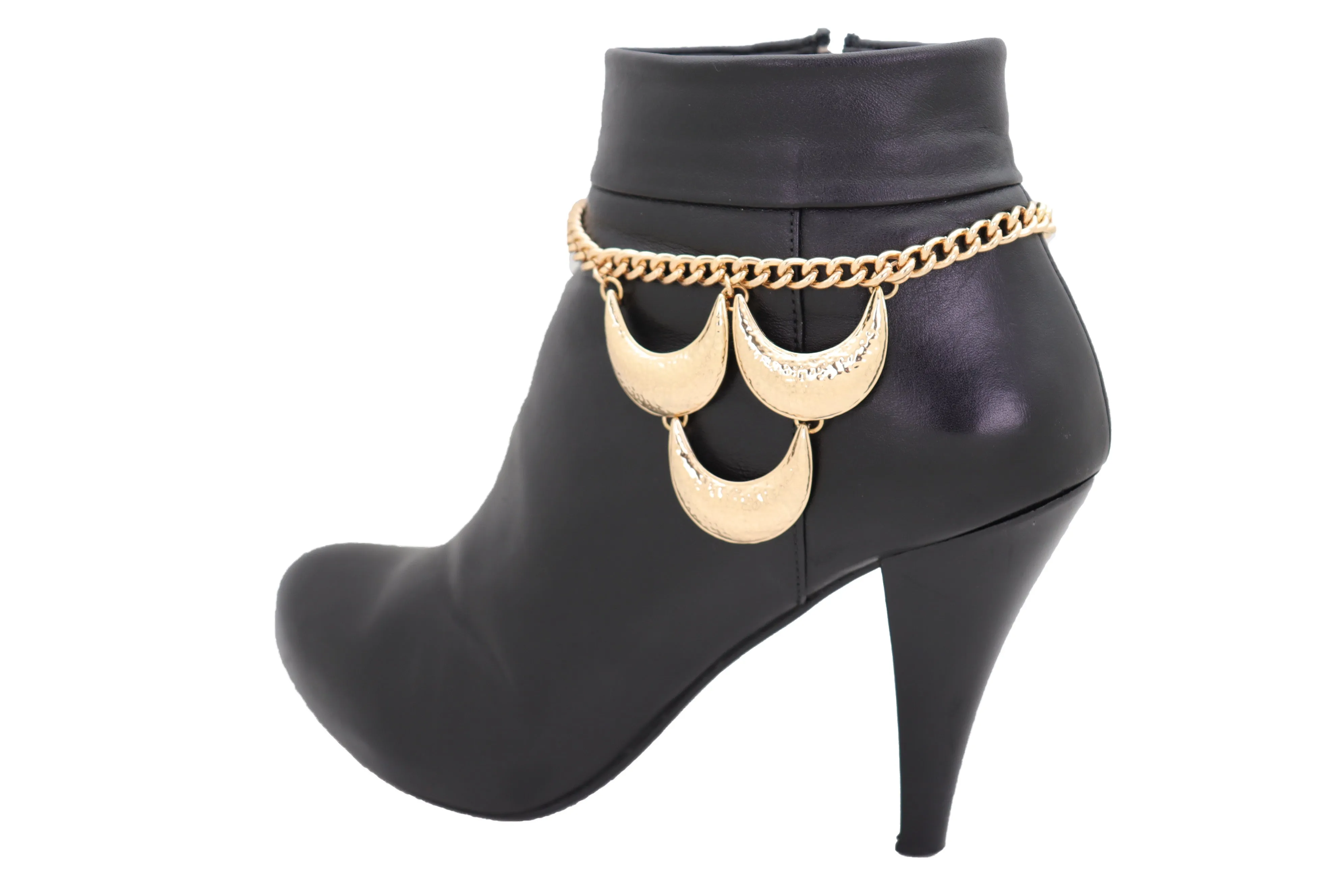 Women Gold Metal Chain Western Boot Bracelet Shoe Anklet Bling Chic Moon Charm