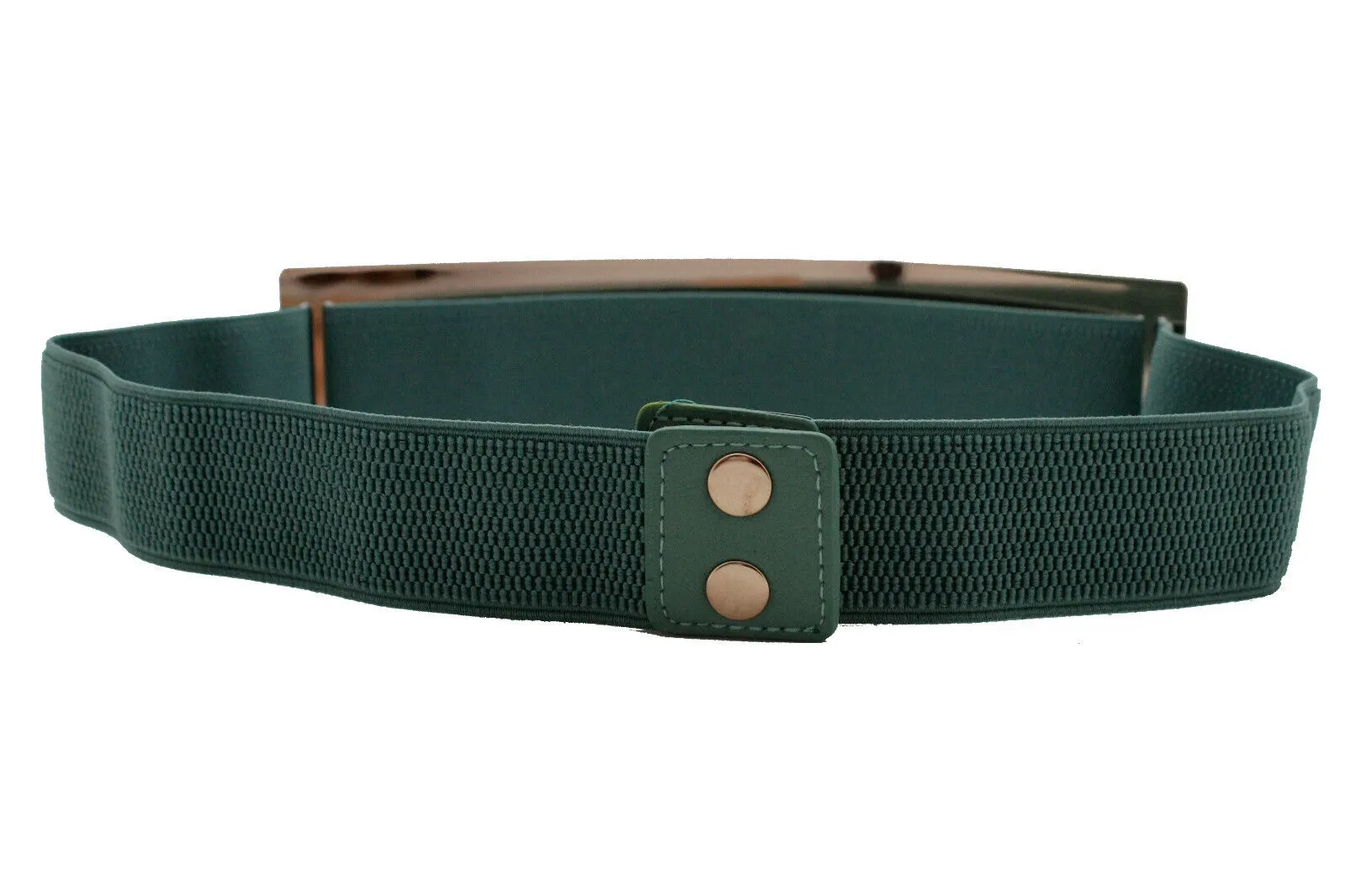 Women Gold Metal Plate Buckle Teal Blue Green Elastic Wide Stretch Belt Size S M