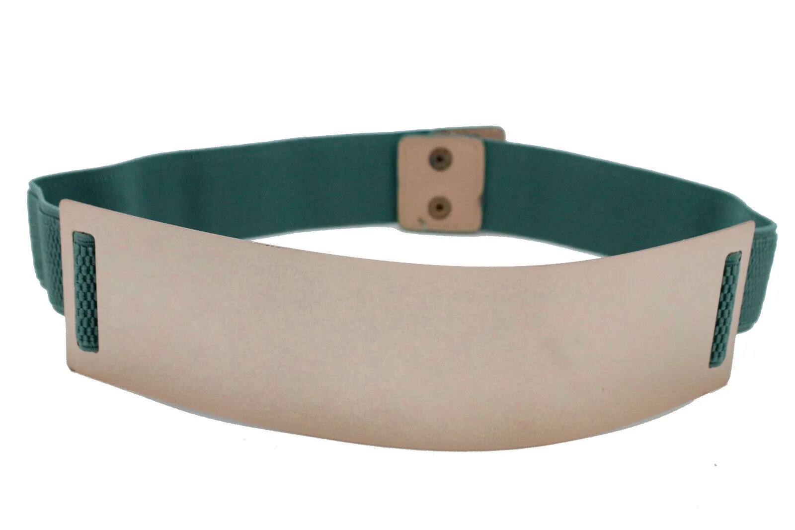 Women Gold Metal Plate Buckle Teal Blue Green Elastic Wide Stretch Belt Size S M