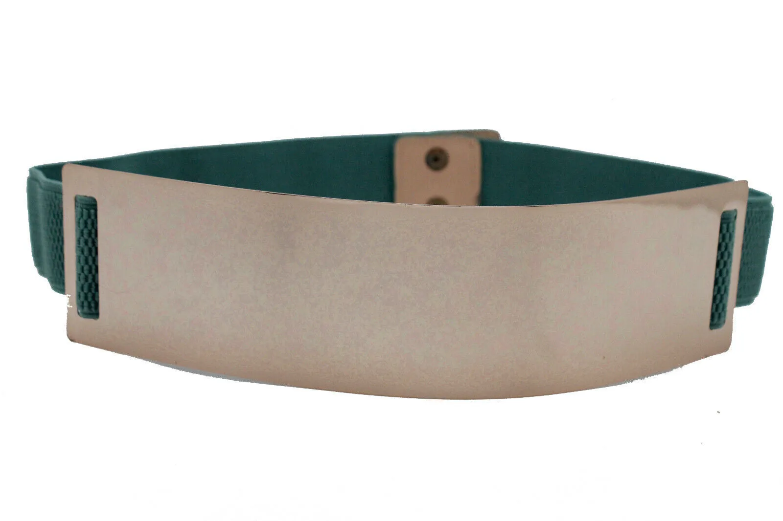 Women Gold Metal Plate Buckle Teal Blue Green Elastic Wide Stretch Belt Size S M