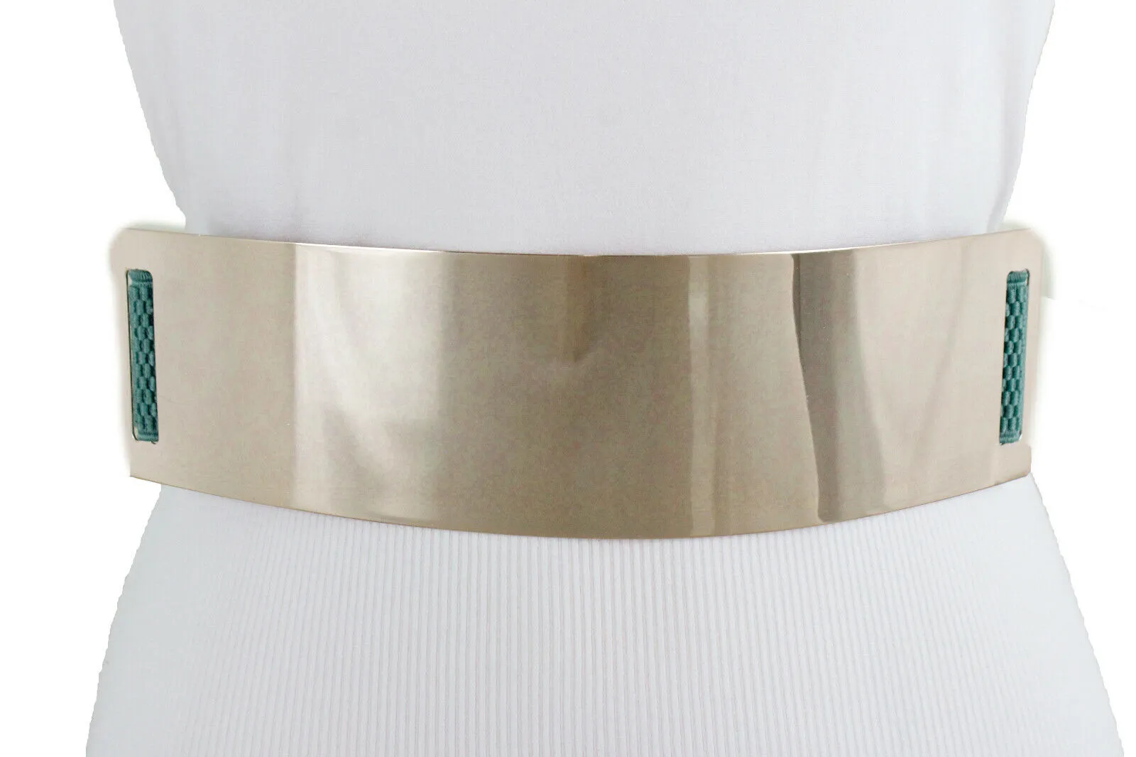 Women Gold Metal Plate Buckle Teal Blue Green Elastic Wide Stretch Belt Size S M