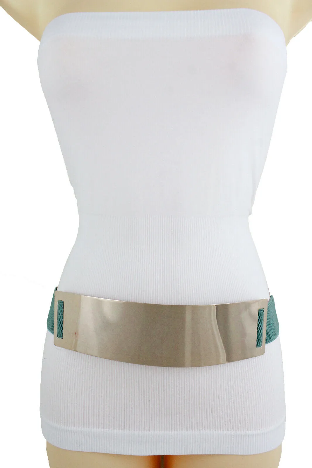 Women Gold Metal Plate Buckle Teal Blue Green Elastic Wide Stretch Belt Size S M