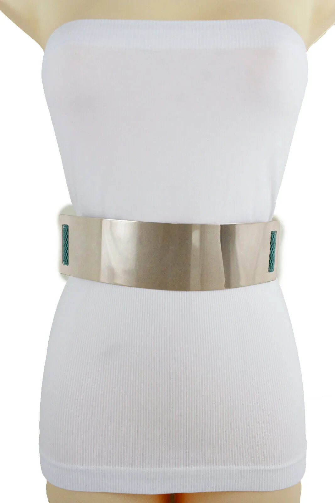 Women Gold Metal Plate Buckle Teal Blue Green Elastic Wide Stretch Belt Size S M