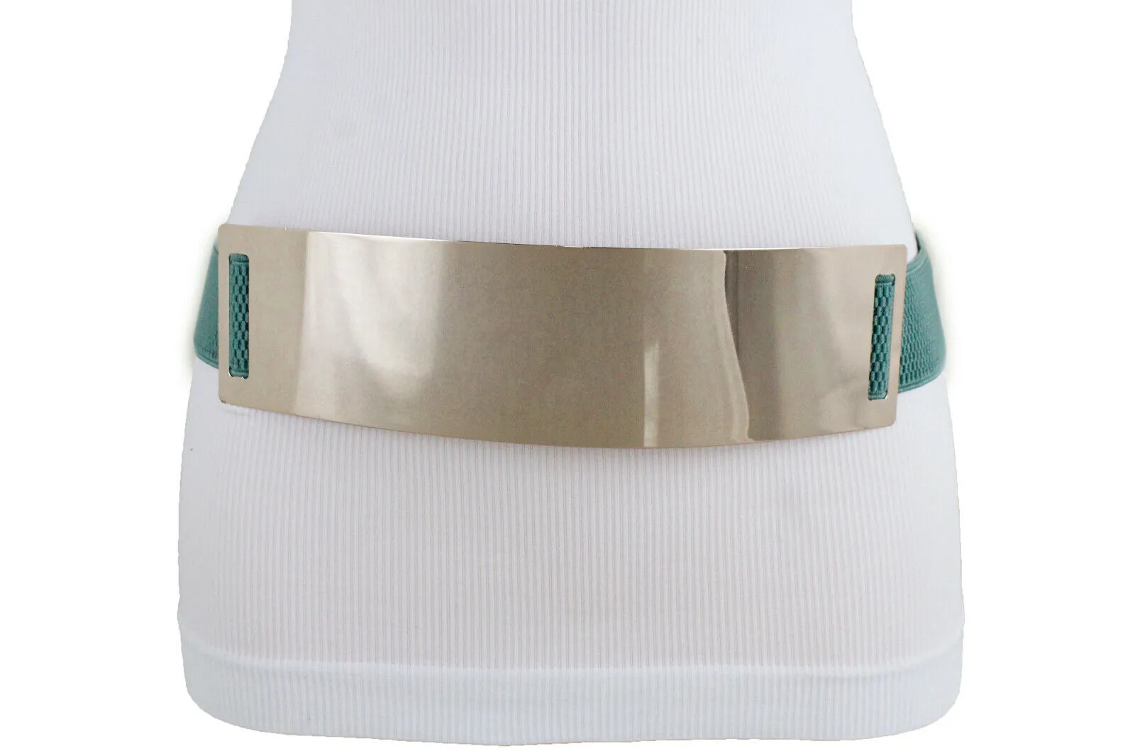 Women Gold Metal Plate Buckle Teal Blue Green Elastic Wide Stretch Belt Size S M