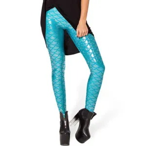 Women Shine Fish Scale Mermaid Printed Leggings Slim High Waist Pencil Pants