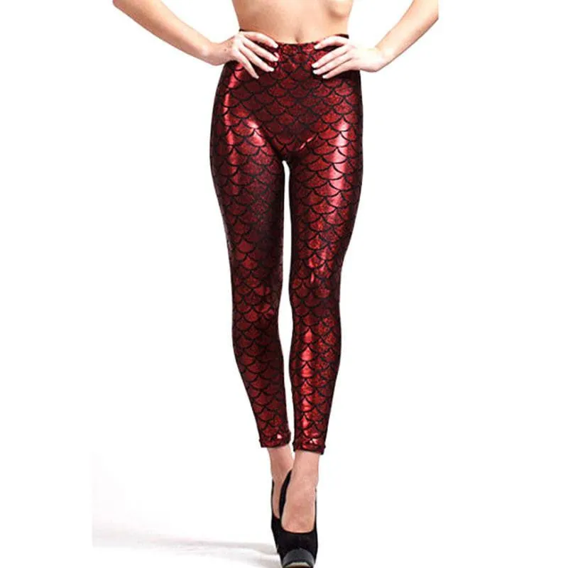 Women Shine Fish Scale Mermaid Printed Leggings Slim High Waist Pencil Pants