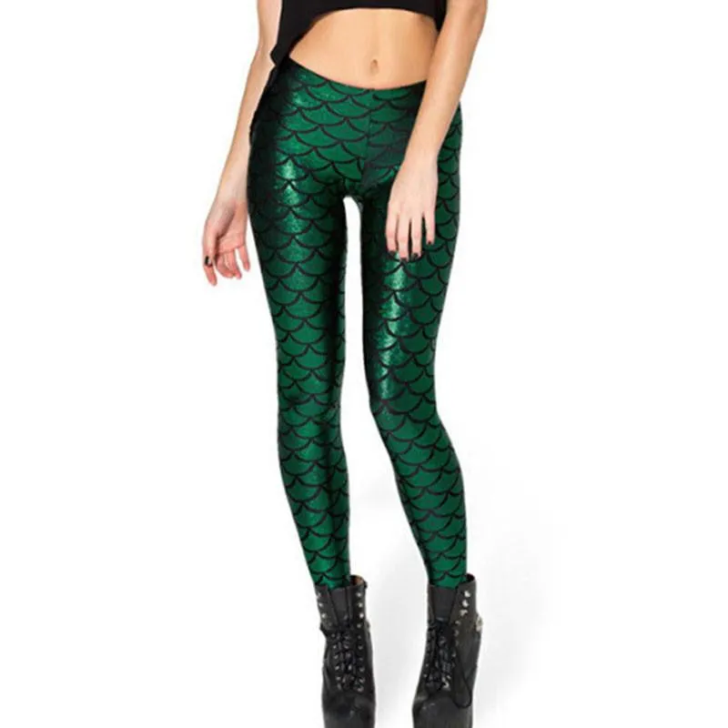 Women Shine Fish Scale Mermaid Printed Leggings Slim High Waist Pencil Pants