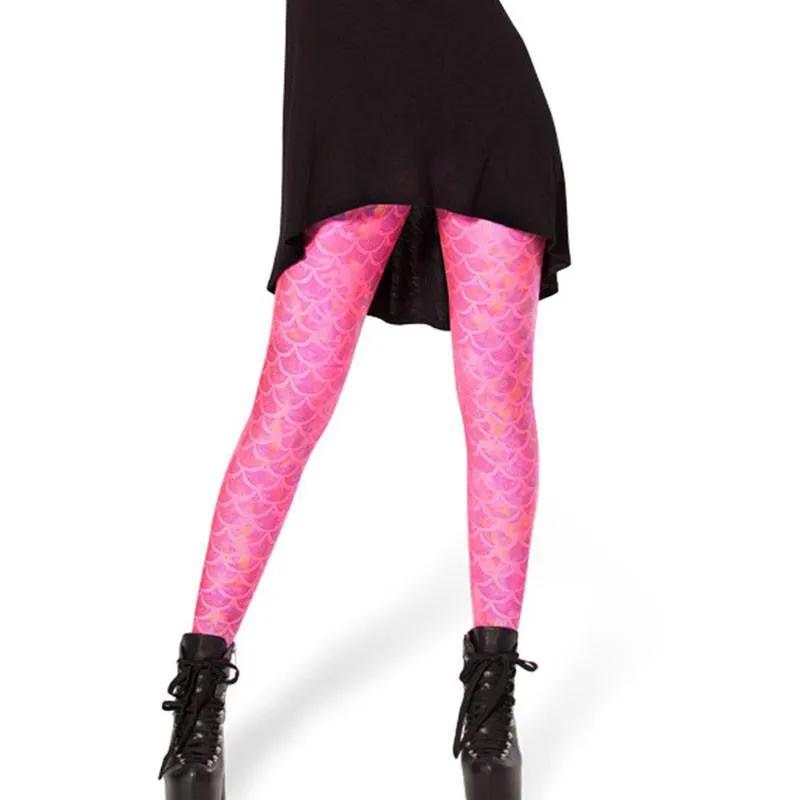 Women Shine Fish Scale Mermaid Printed Leggings Slim High Waist Pencil Pants